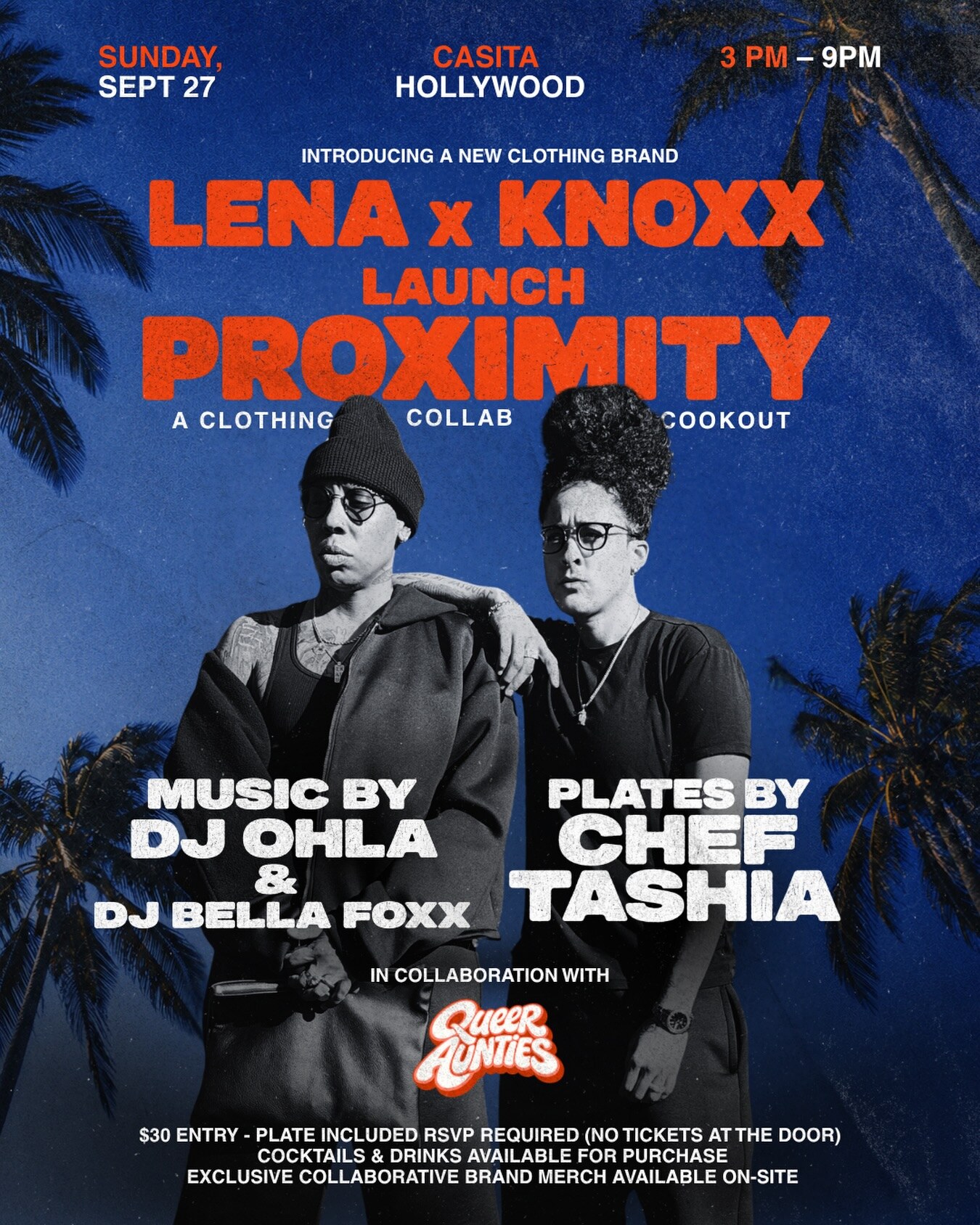 Blue and orange PROXIMITY launch cookout flyer