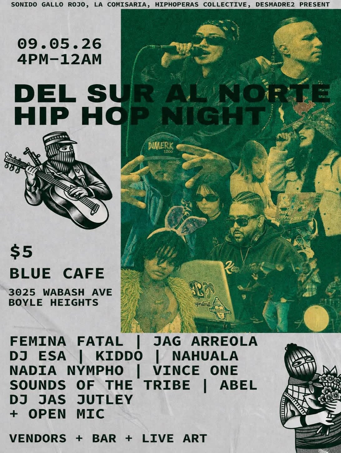 Del Sur Al Norte Hip Hop Night flyer with full September 5 lineup at Blue Cafe in Boyle Heights