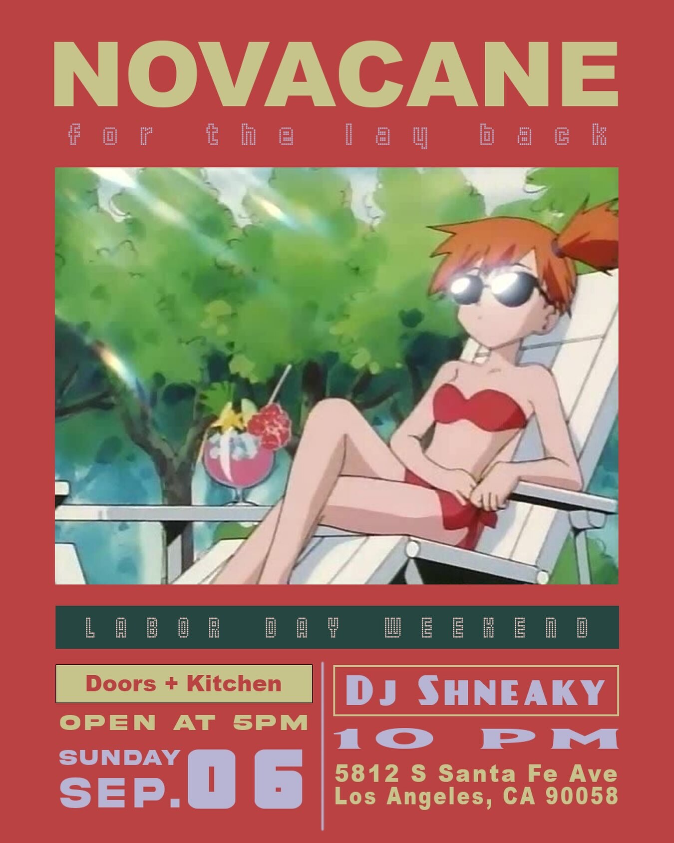 Novacane Labor Day Weekend flyer for September 6 with doors and kitchen at 5 pm and DJ Shneaky at 10 pm