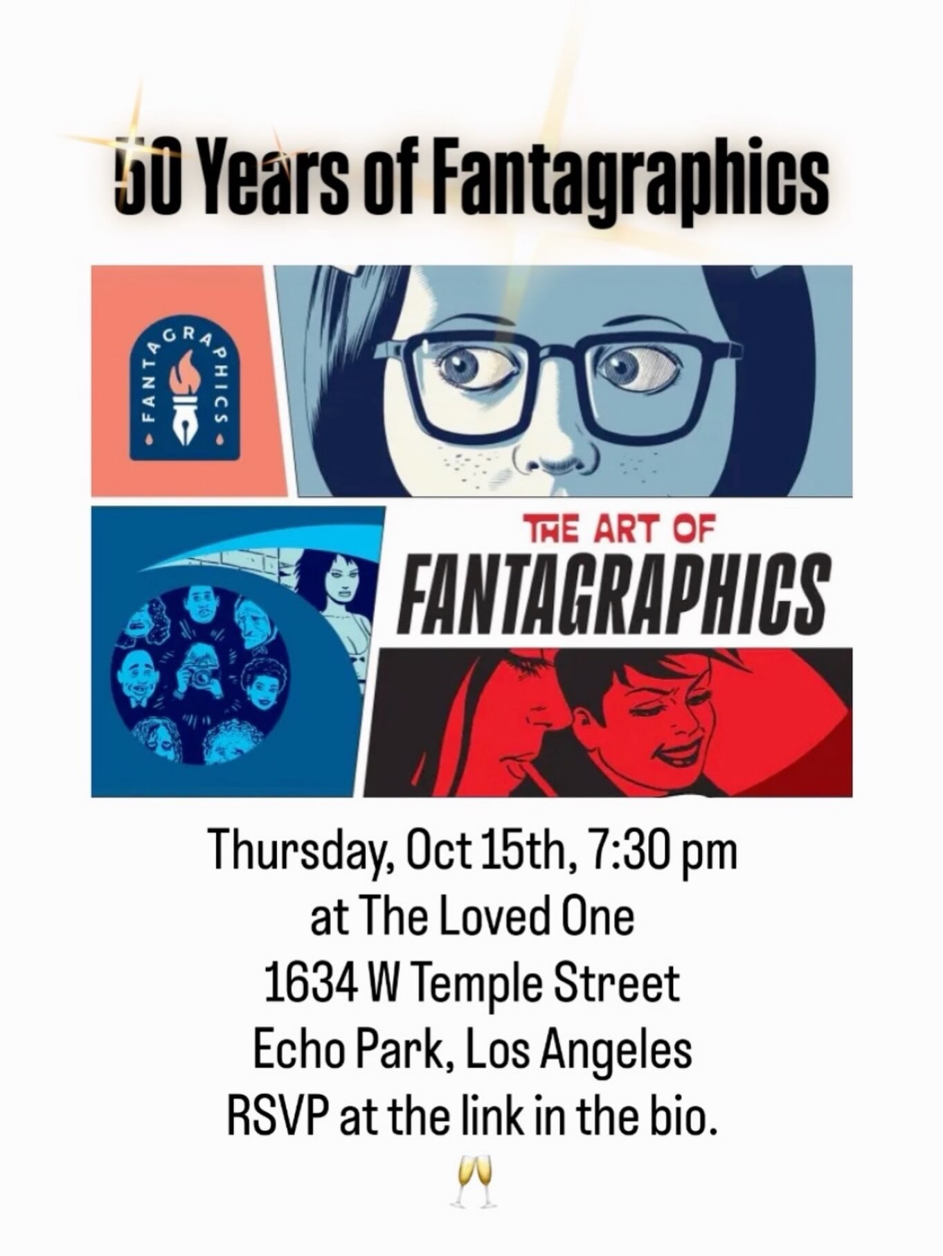50 Years of Fantagraphics flyer for October 15 at The Loved One, with three panels of comic art.