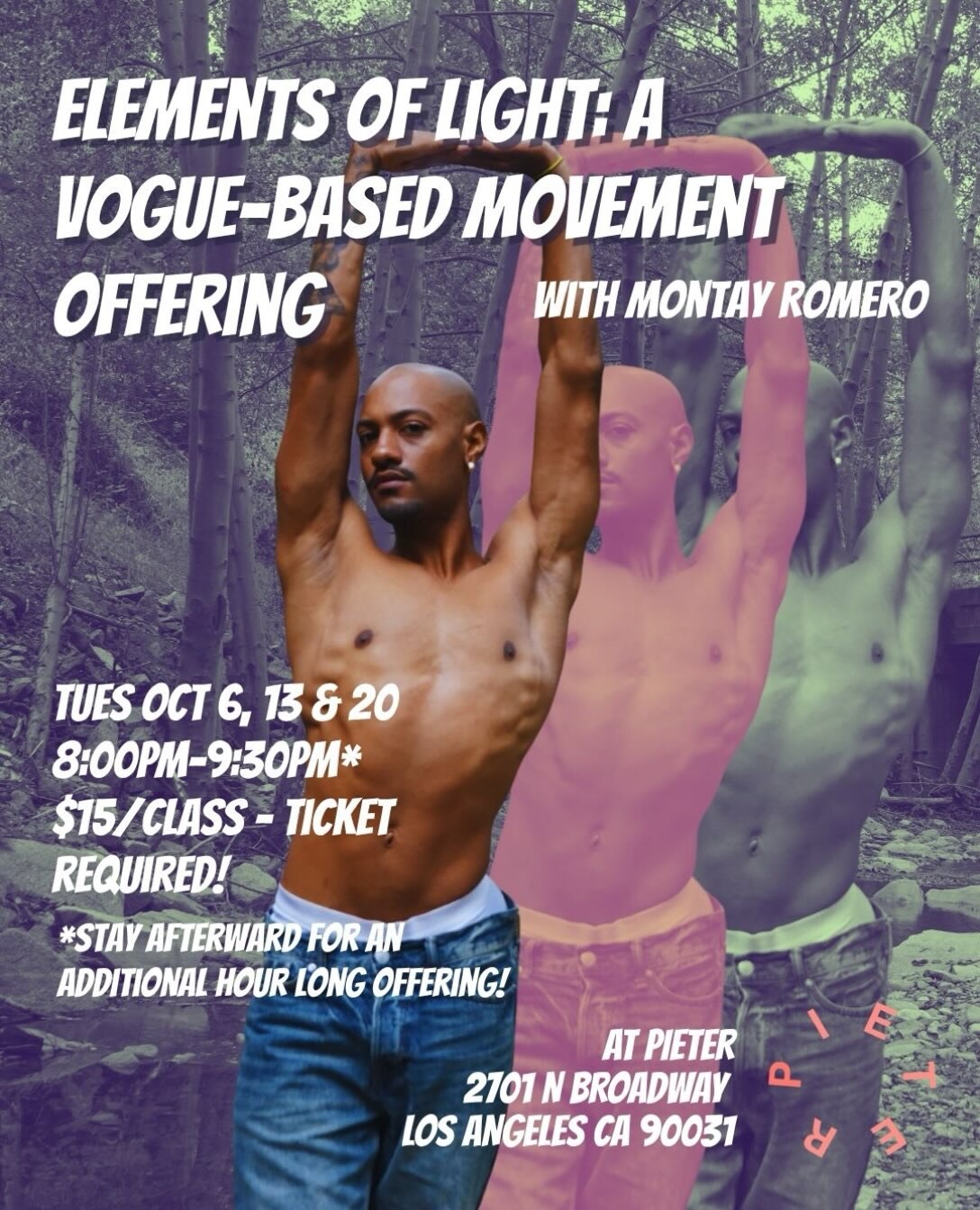 Elements of Light flyer with Montay Romero and three Tuesday sessions at Pieter Performance Space.