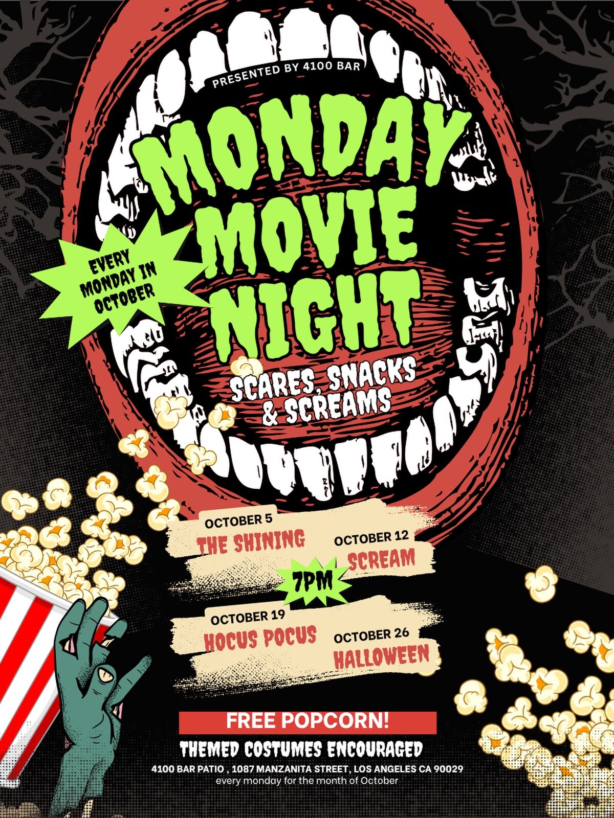 October Monday Movie Night schedule at 4100 Bar