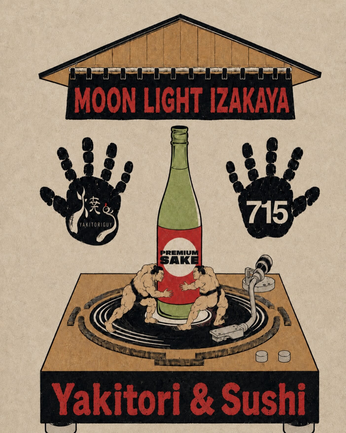MOON LIGHT IZAKAYA Yakitori & Sushi flyer featuring Yakitoriguy and 715 Sushi