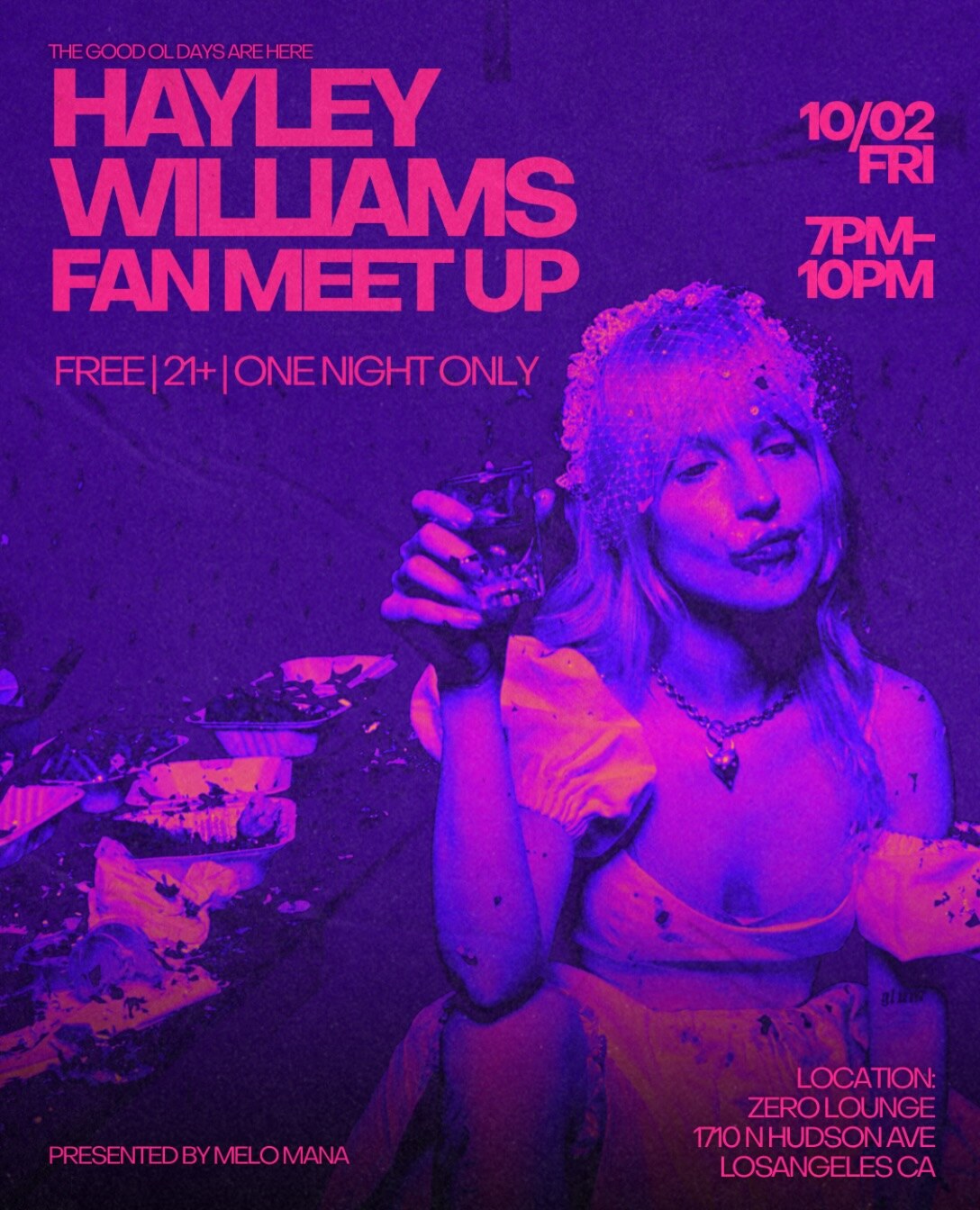 Purple and pink Hayley Williams Fan Meetup flyer for October 2 at Zero Lounge.