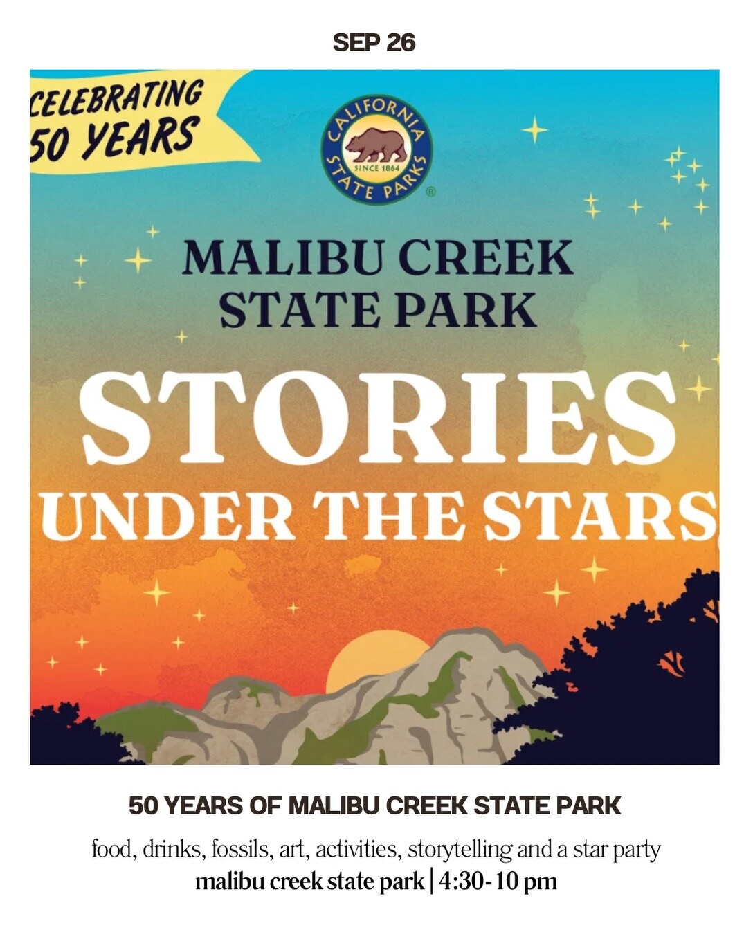 Malibu Creek State Park 50th anniversary card with afternoon and evening activities.