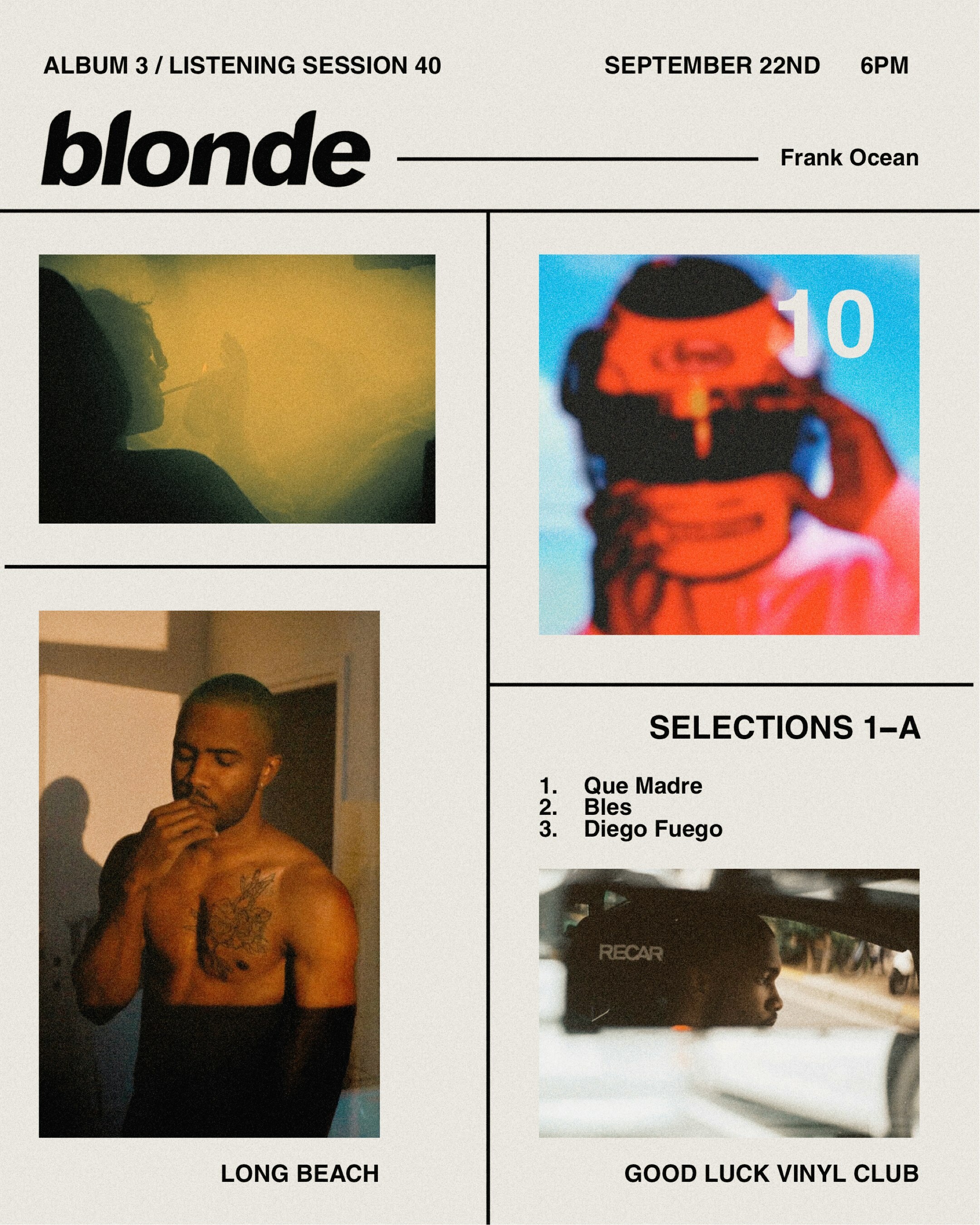 Blonde tenth anniversary listening session flyer: September 22 at 6 PM in Long Beach, Good Luck Vinyl Club, with Que Madre, Bles and Diego Fuego.
