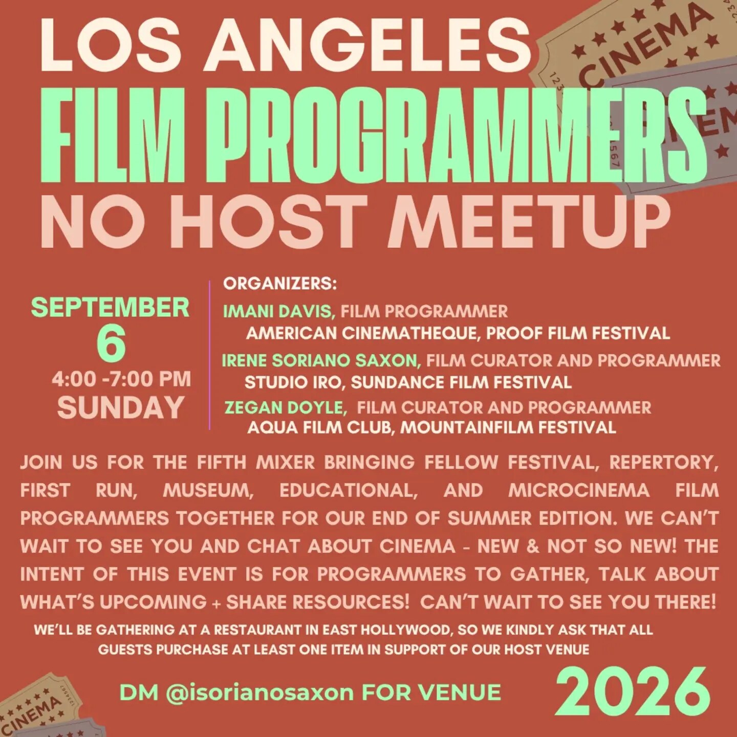 Los Angeles Film Programmers No Host Meetup flyer for September 6