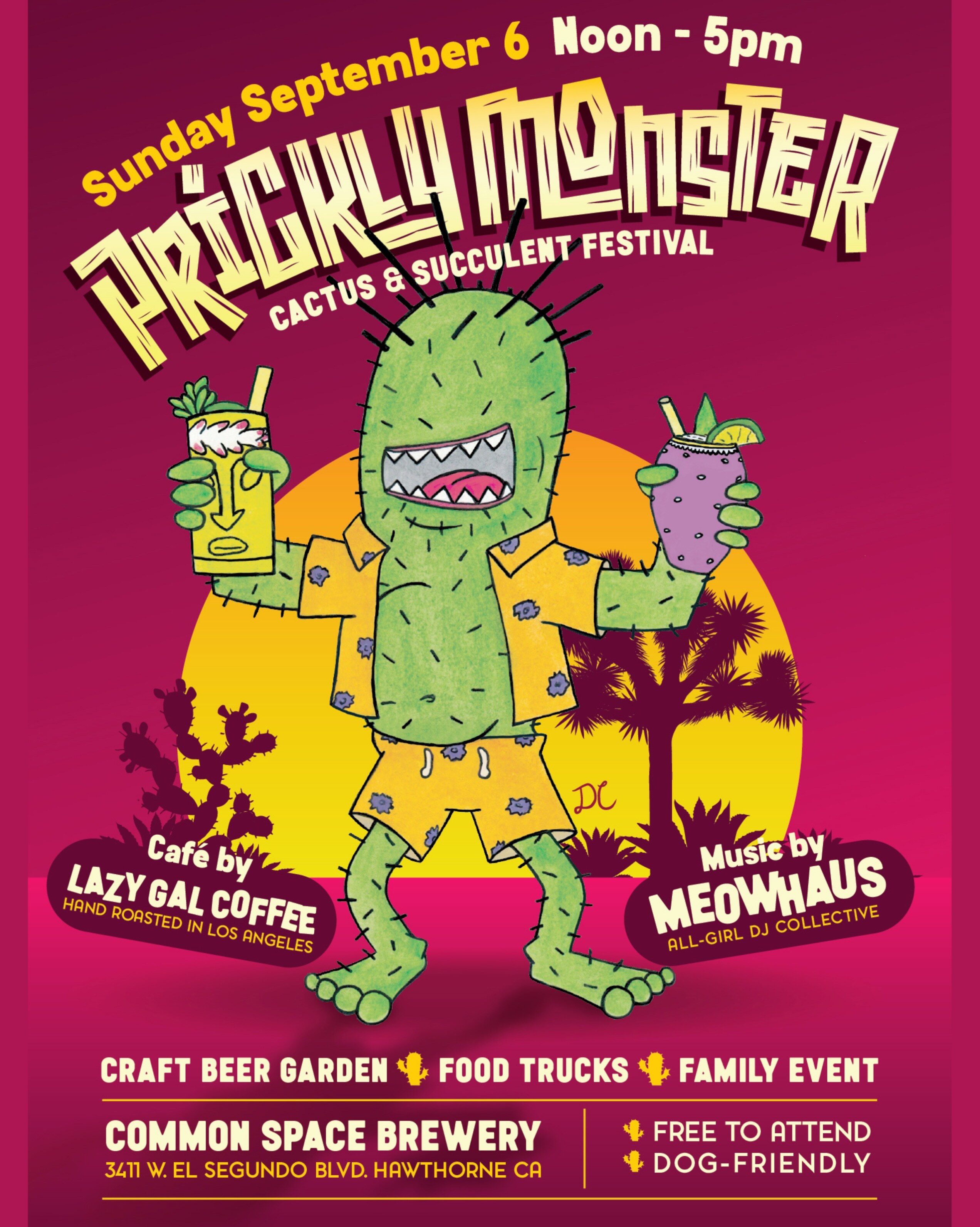 Prickly Monster cactus and succulent festival flyer, Sunday September 6 noon–5 PM at Common Space Brewery, featuring Lazy Gal Coffee and Meowhaus, free, family- and dog-friendly.