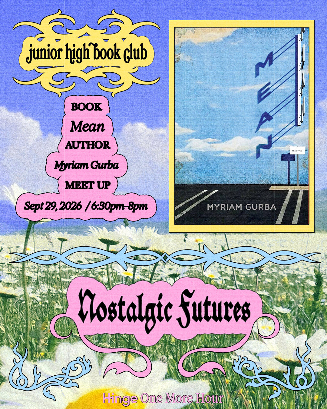 Junior High Book Club flyer for Mean by Myriam Gurba on September 29