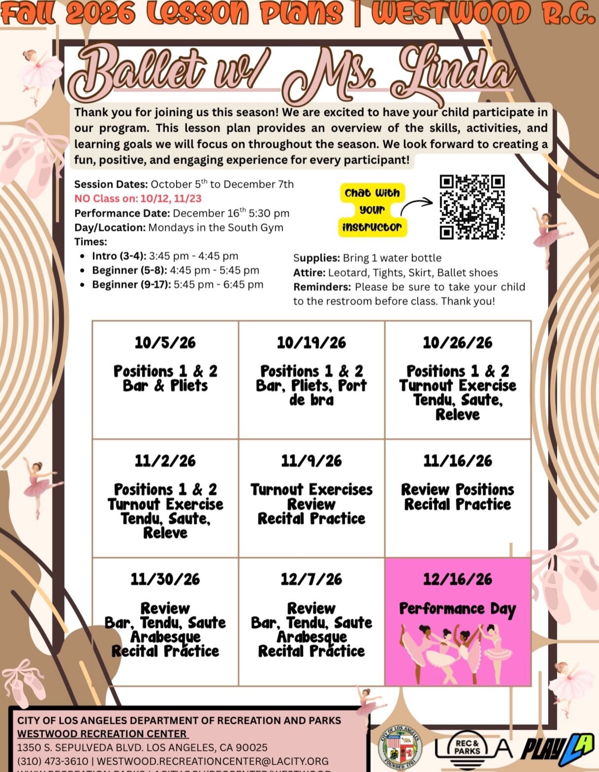 Westwood Recreation Center Fall 2026 Ballet lesson-plan flyer with Monday dates, three age groups, and performance date.