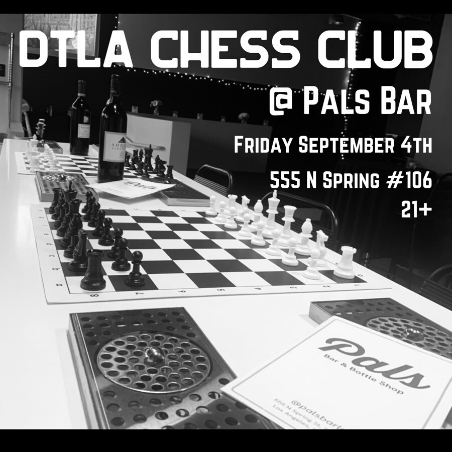 Black-and-white DTLA Chess Club flyer for September 4 at Pal's Bar