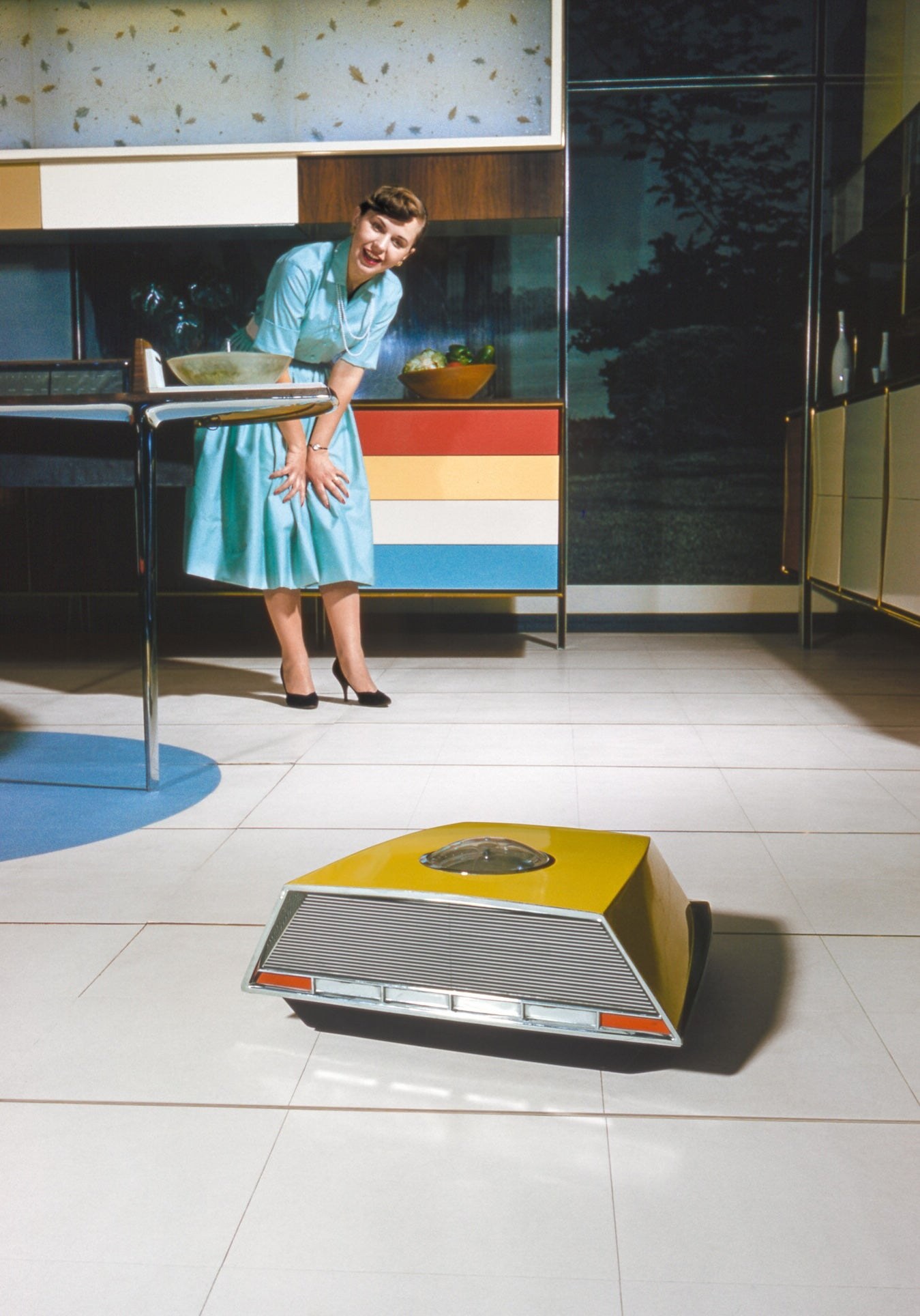 Bob Lerner, Anne Anderson in RCA Whirlpool Miracle Kitchen, 1959; official LACMA Home of the Future exhibition illustration.