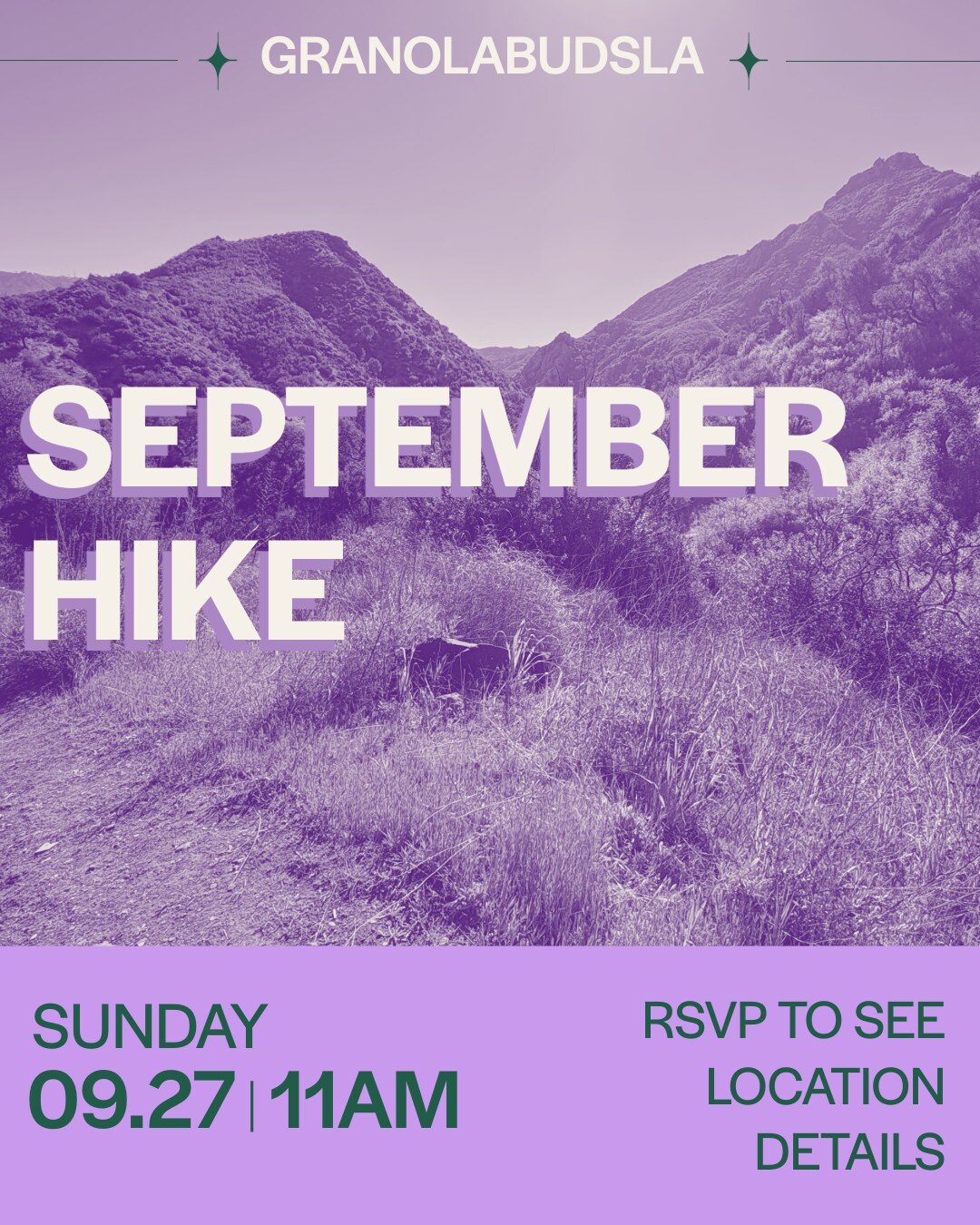 Purple Granola Buds September Hike flyer with mountain landscape and September 27 details
