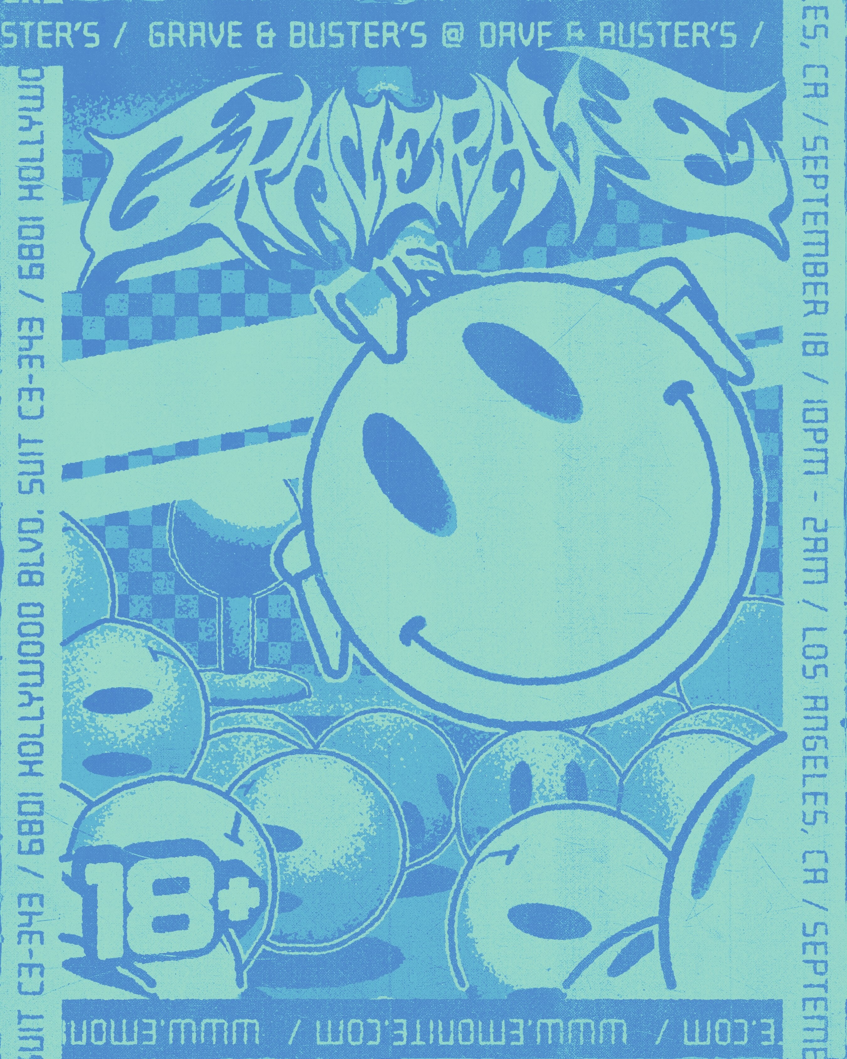 Blue Grave Rave flyer with arcade characters and 18-plus mark