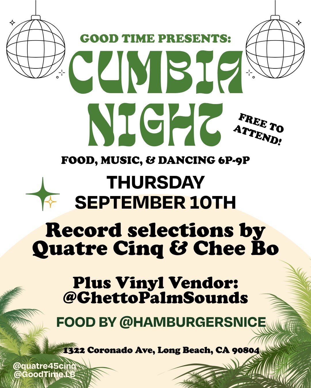 Green and cream Cumbia Night flyer with disco-ball illustrations
