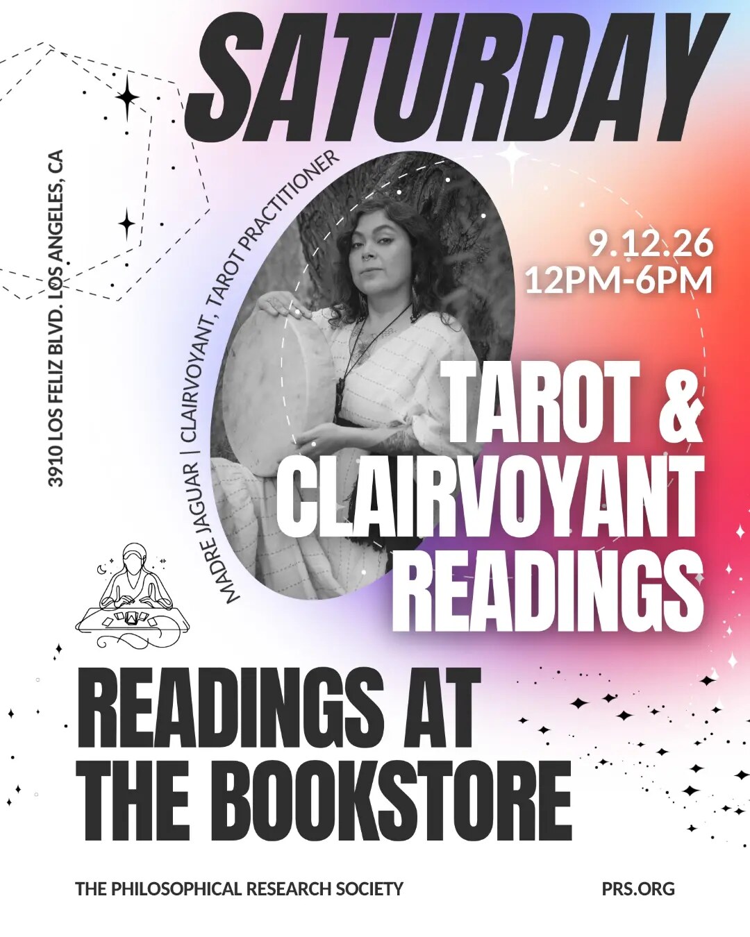 Saturday tarot and clairvoyant readings at the PRS bookstore flyer