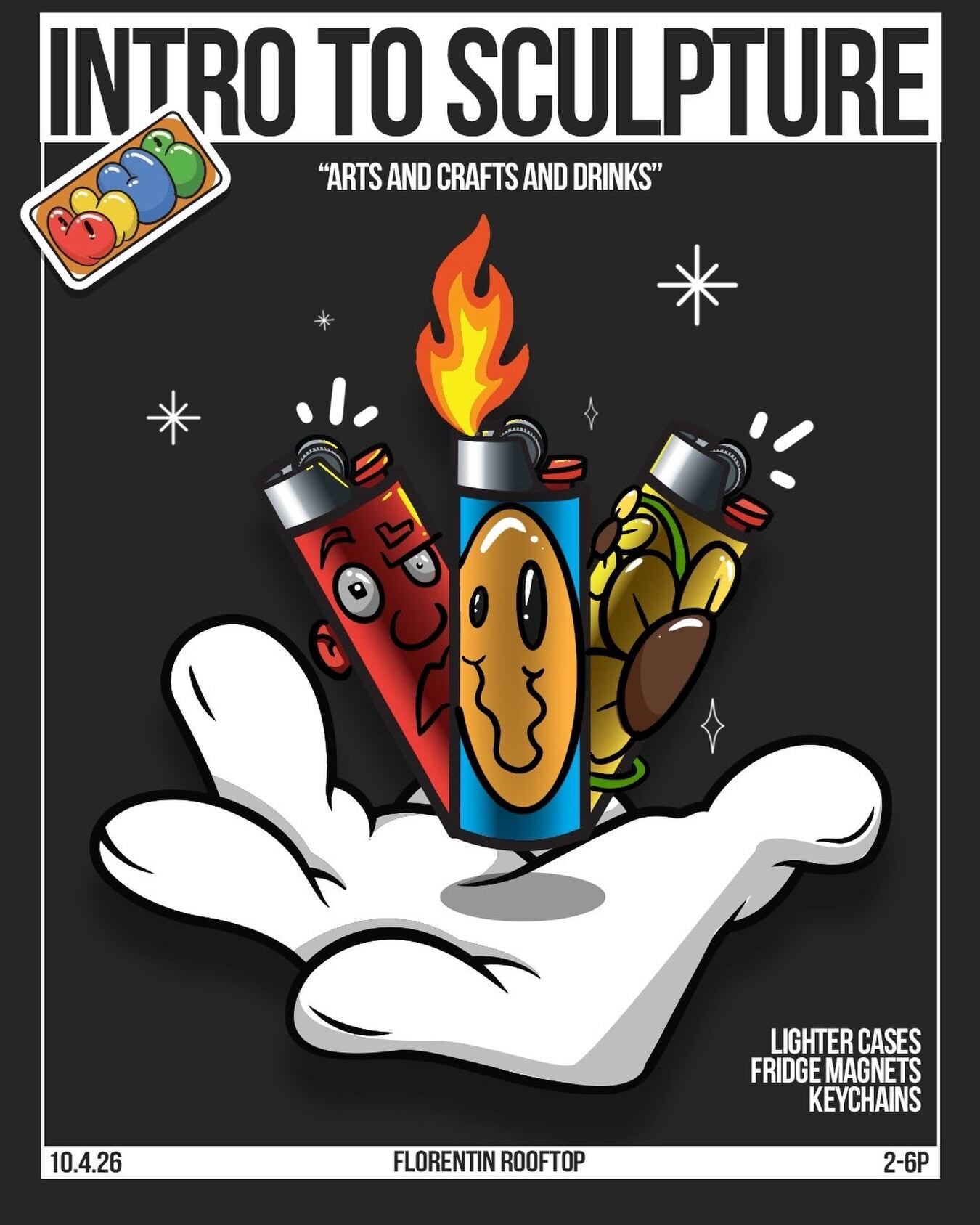Intro to Sculpture flyer with illustrated lighter cases, keychains, and magnets