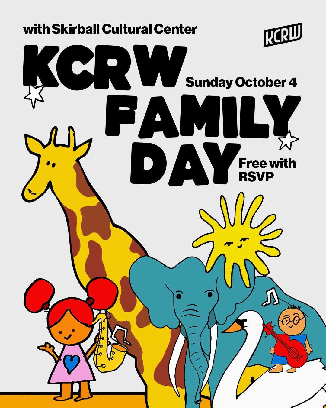KCRW Family Day with Skirball Cultural Center illustrated flyer