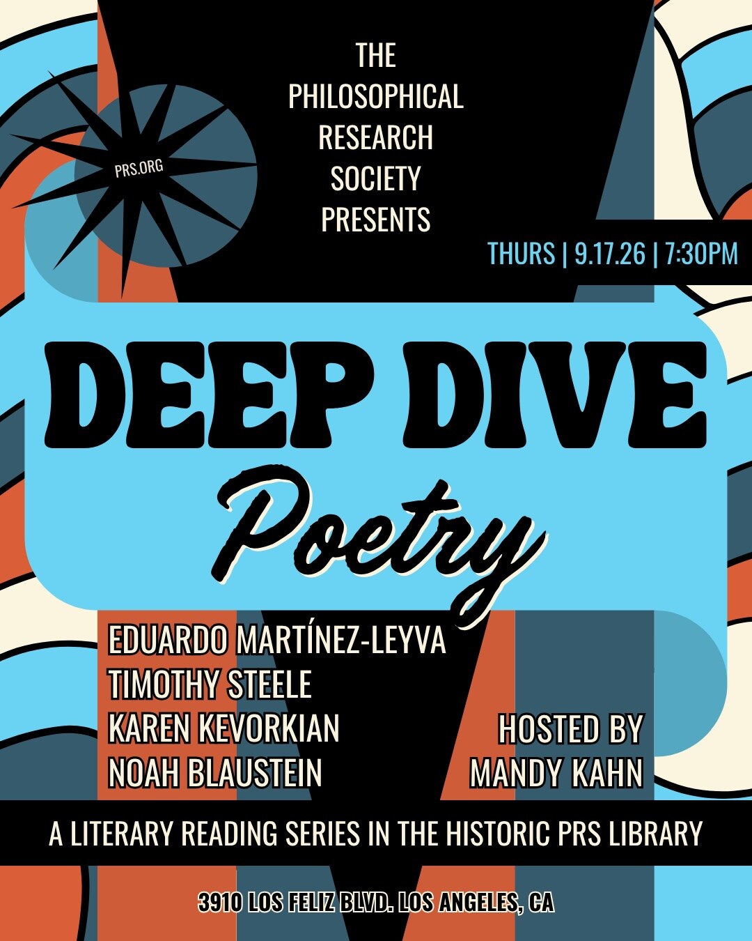 Deep Dive Poetry flyer naming five poets for September 17 at 7:30 PM in the PRS Library