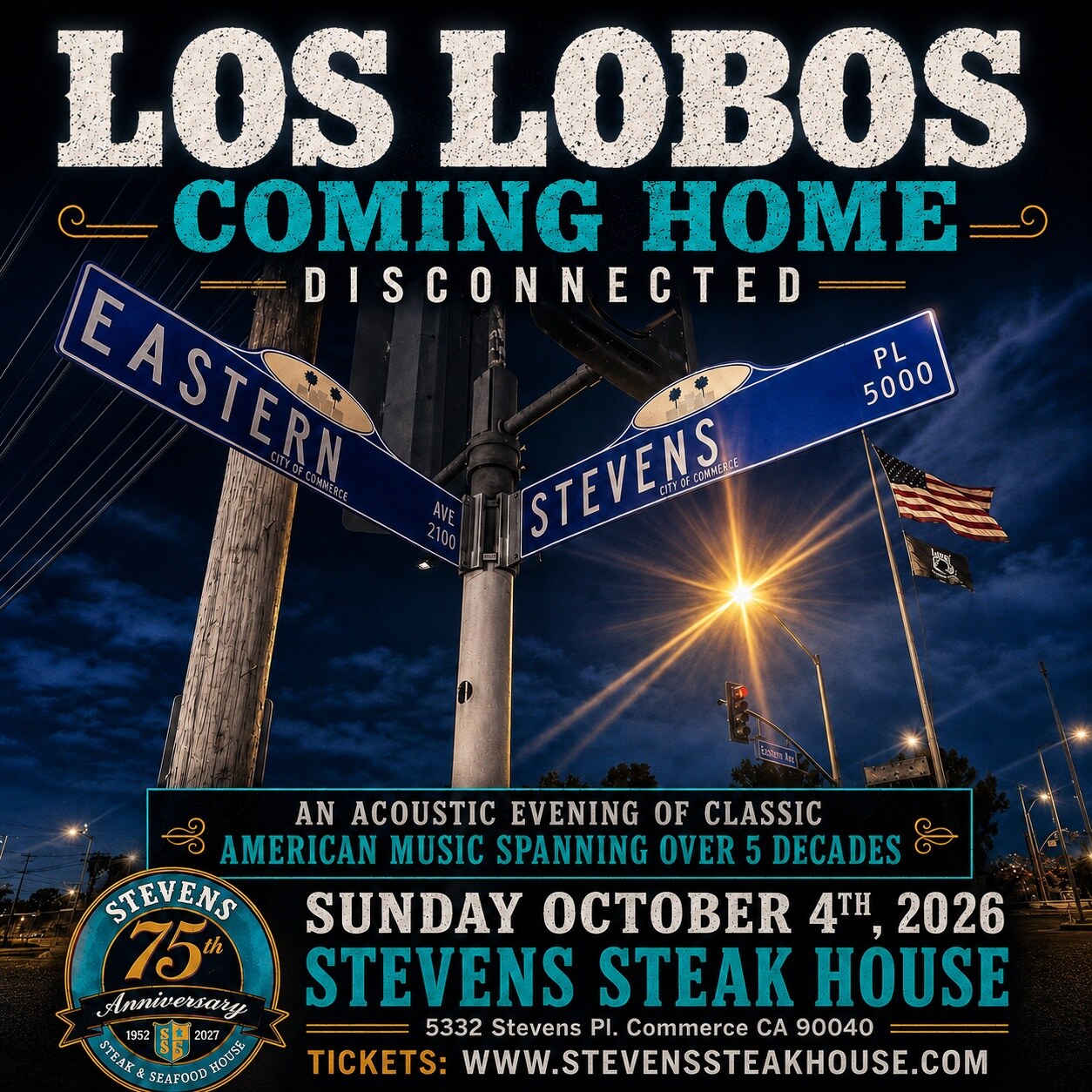 Los Lobos Coming Home: Disconnected flyer for an acoustic evening at Steven’s Steak House on October 4.