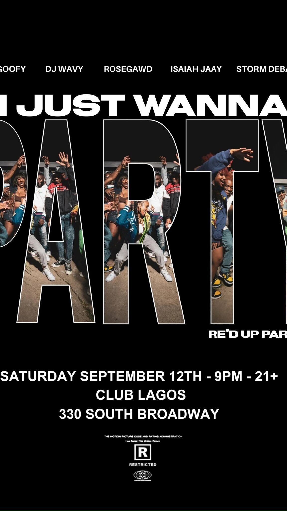 Club Lagos flyer featuring Isaiah Jaay, Storm DeBarge, Rosegawd, DJ Goofy and DJ Wavy
