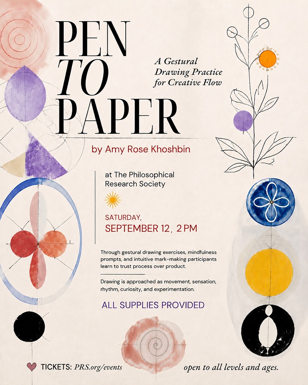 Pen to Paper September 12 workshop flyer with watercolor shapes and gestural drawings