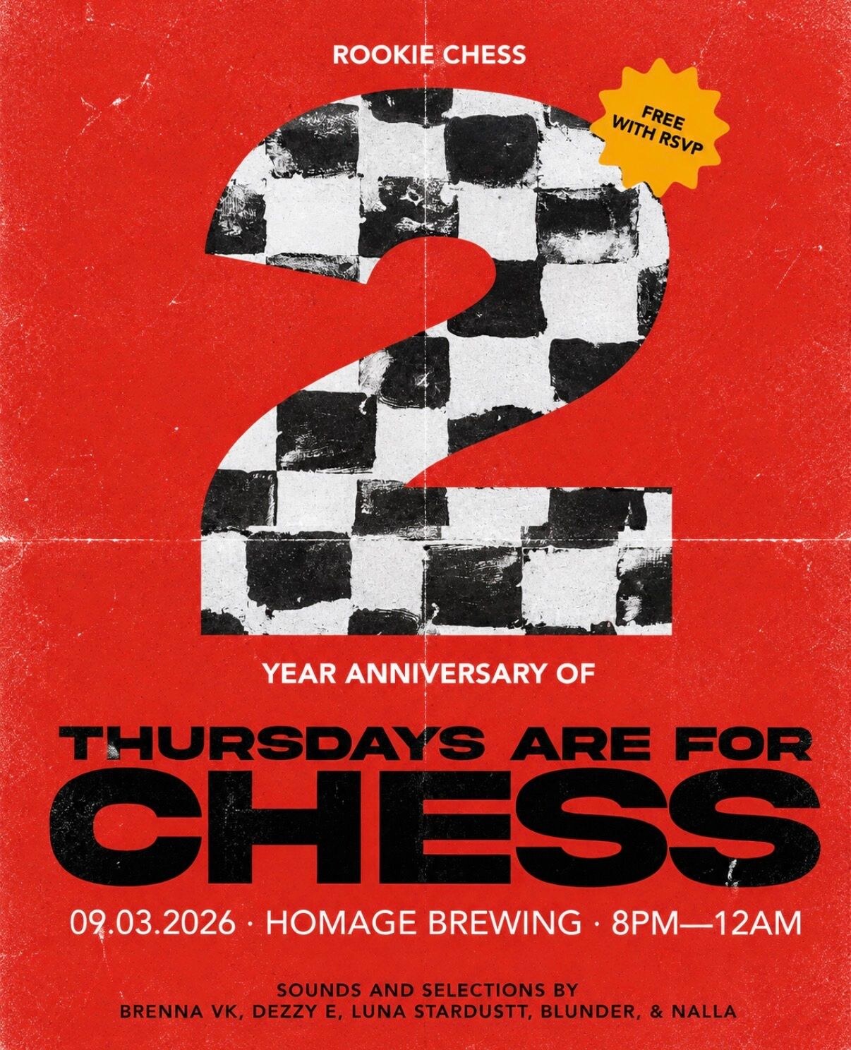 Rookie Chess second anniversary flyer for September 3 at Homage Brewing