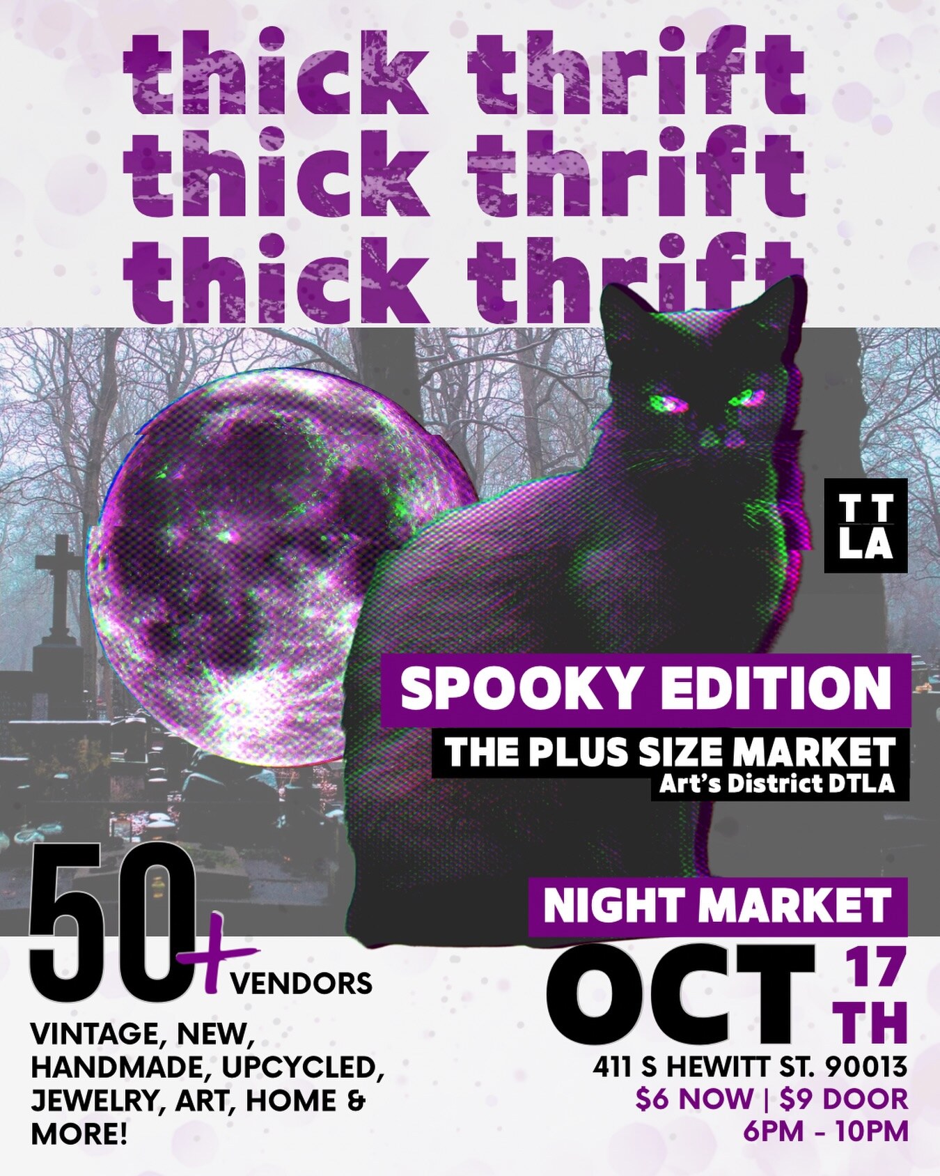 Thick Thrift Spooky Edition flyer with a black cat, full moon and October 17 market details.