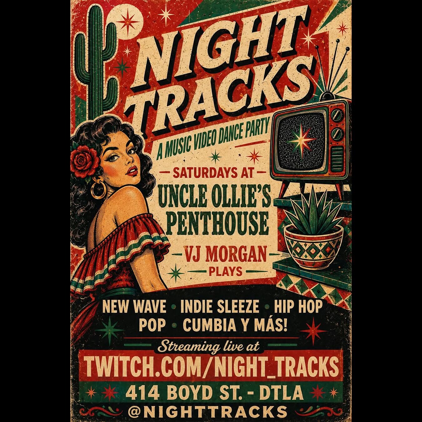 Night Tracks Saturday music video dance party flyer for Uncle Ollie’s Penthouse