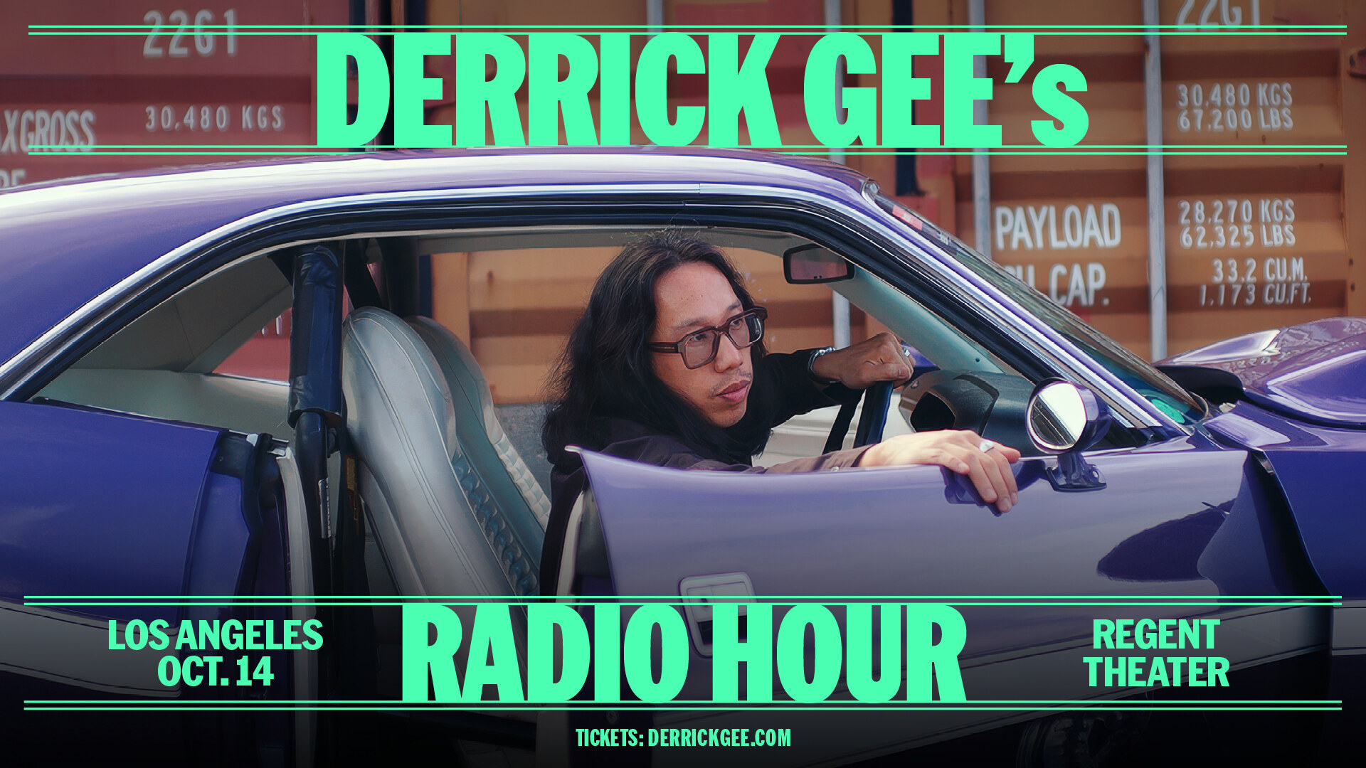 Derrick Gee's Radio Hour flyer with Derrick in a purple car, announcing October 14 at the Regent Theater in Los Angeles.