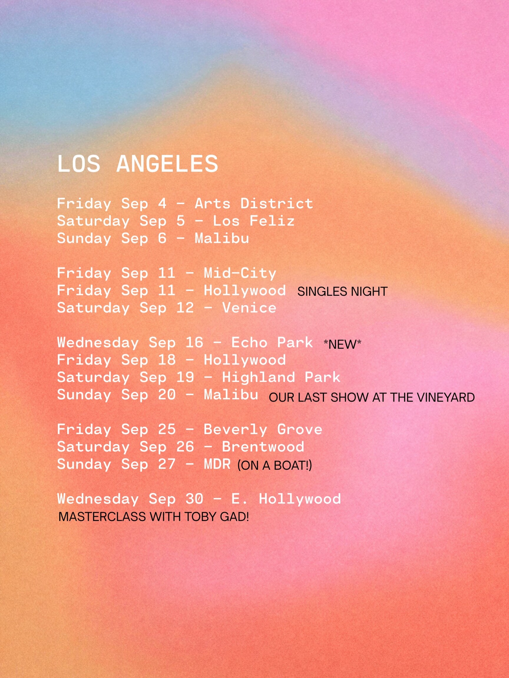 Sofar Sounds Los Angeles September schedule, with all dates and neighborhoods visible.