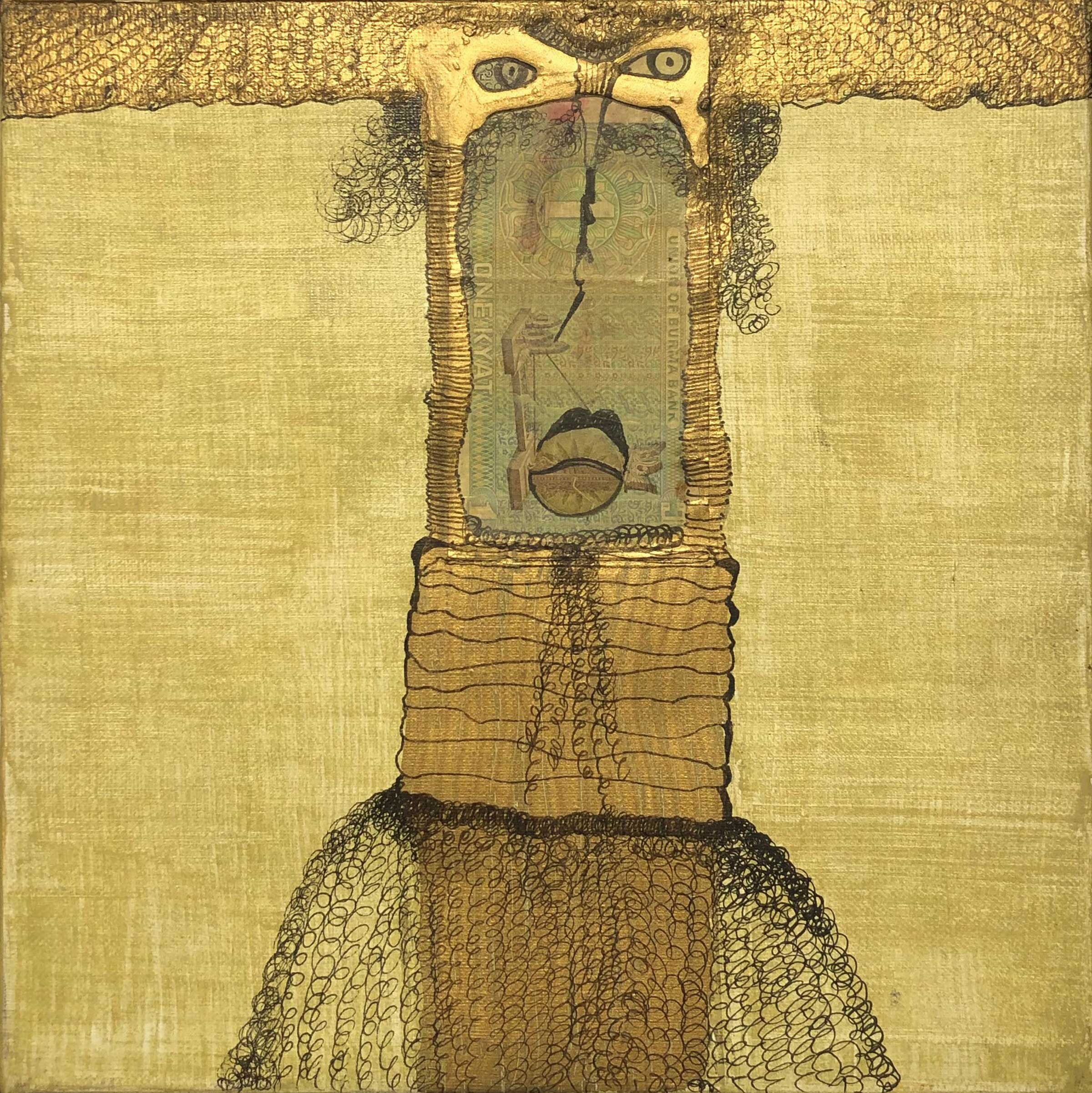 Portrait with exaggerated features, eyes ringed in gold