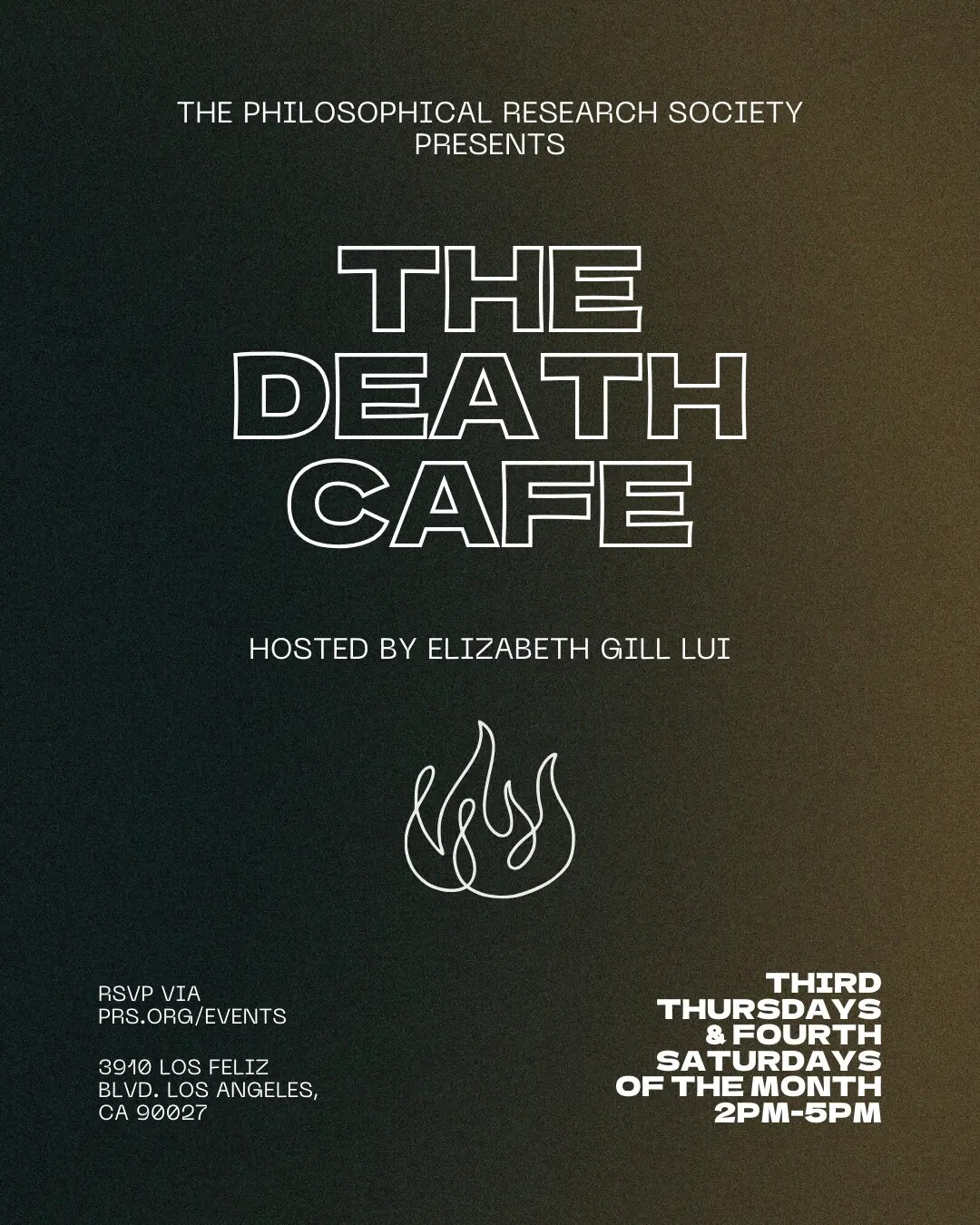 Death Cafe hosted by Elizabeth Gill Lui monthly gathering flyer