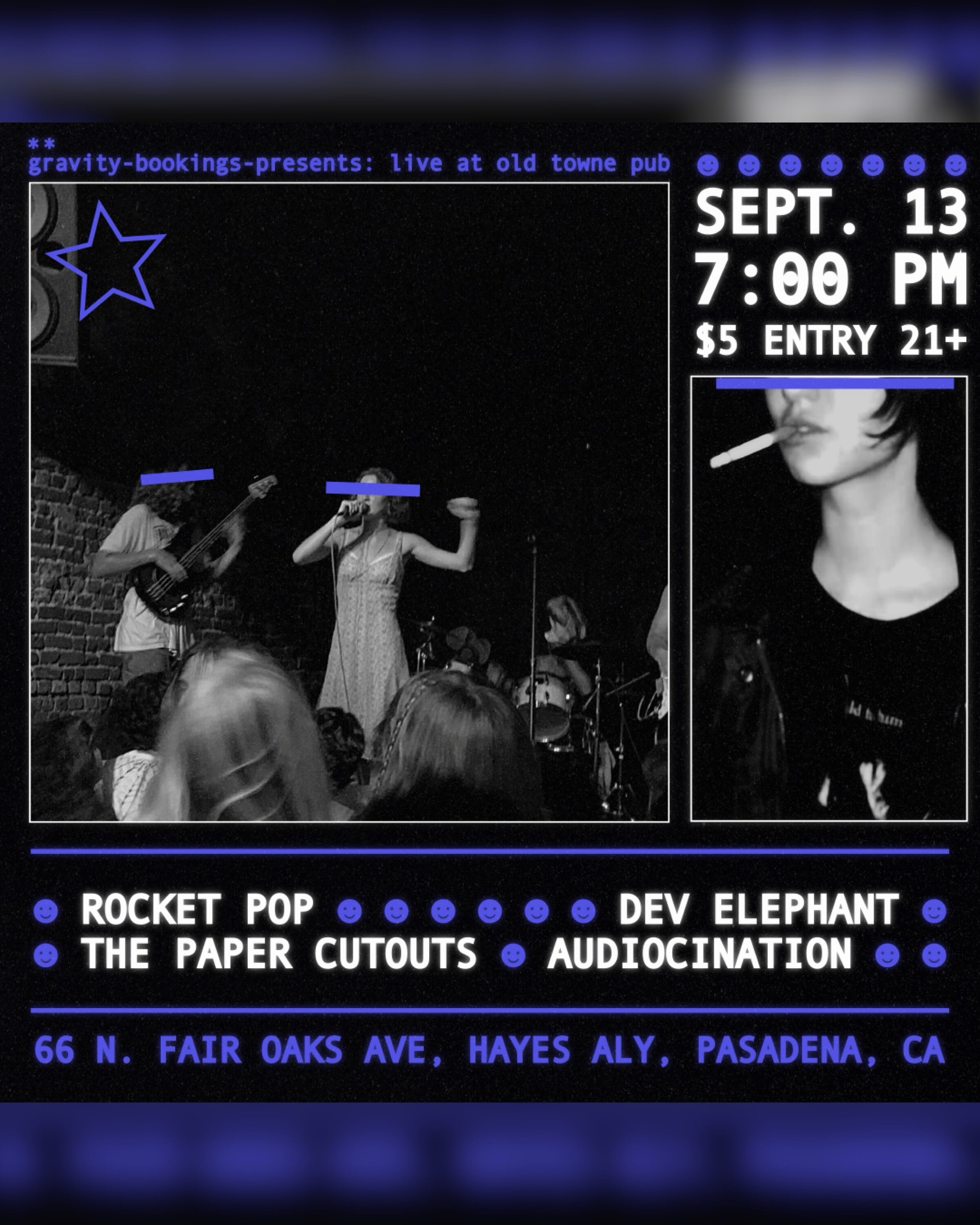 Rocket Pop, Dev Elephant, The Paper Cutouts and Audiocination flyer for Old Towne Pub