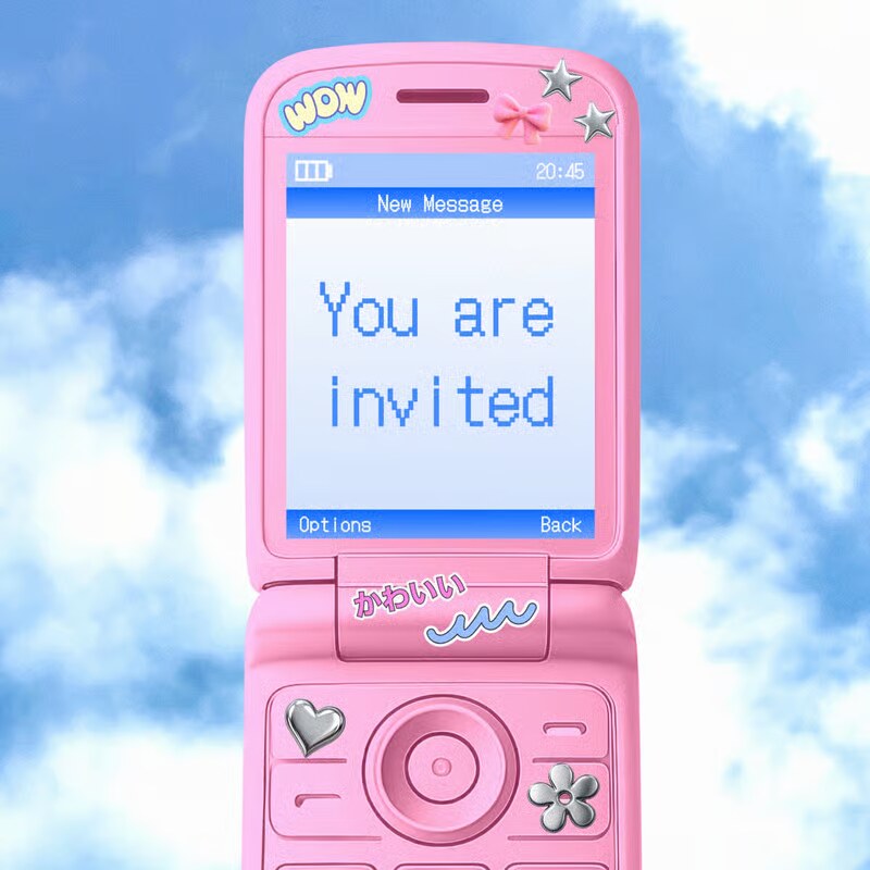 Pink flip phone against a blue sky announcing the Lehrer Architects open studio.