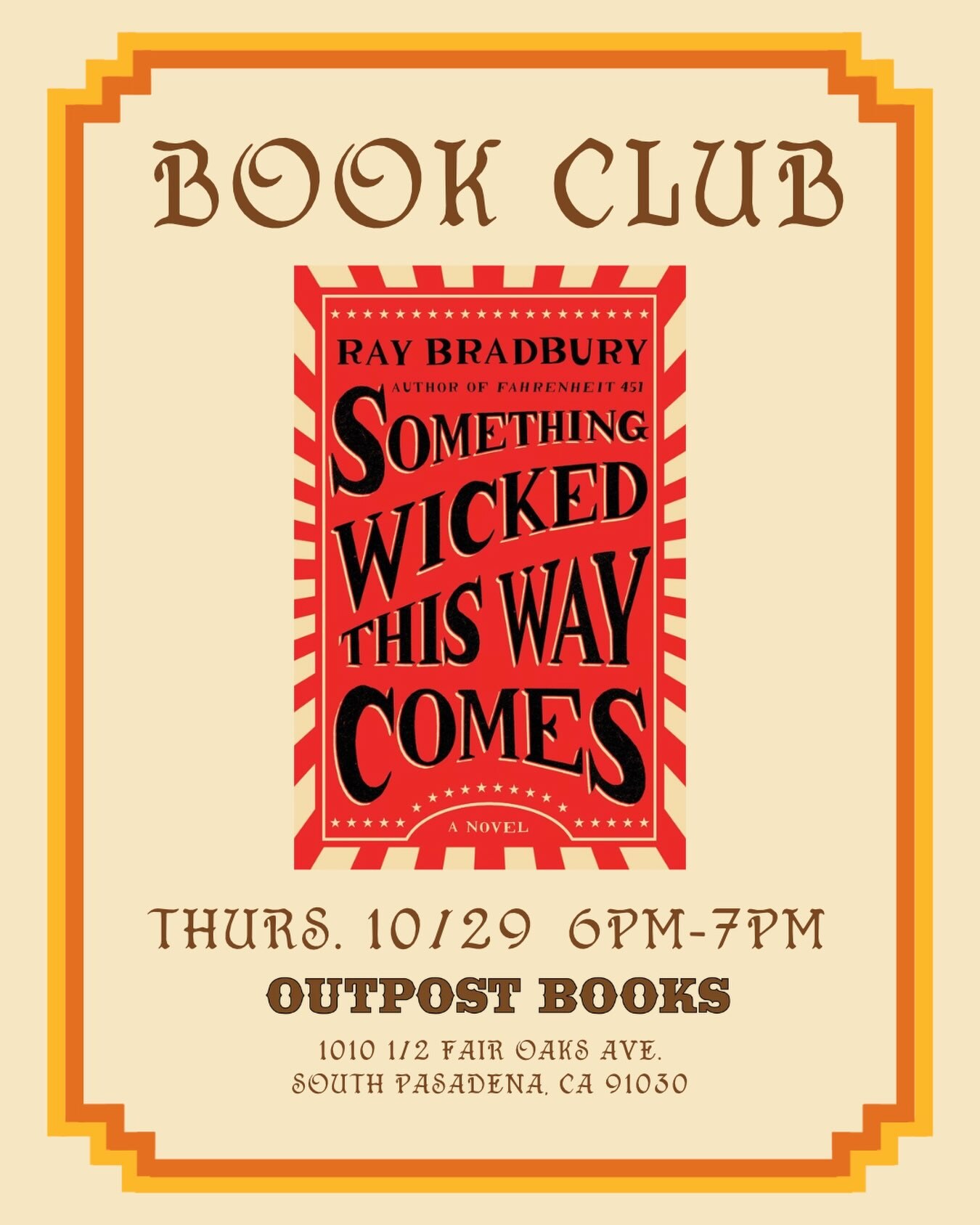 Outpost Books book club flyer featuring the cover of Something Wicked This Way Comes