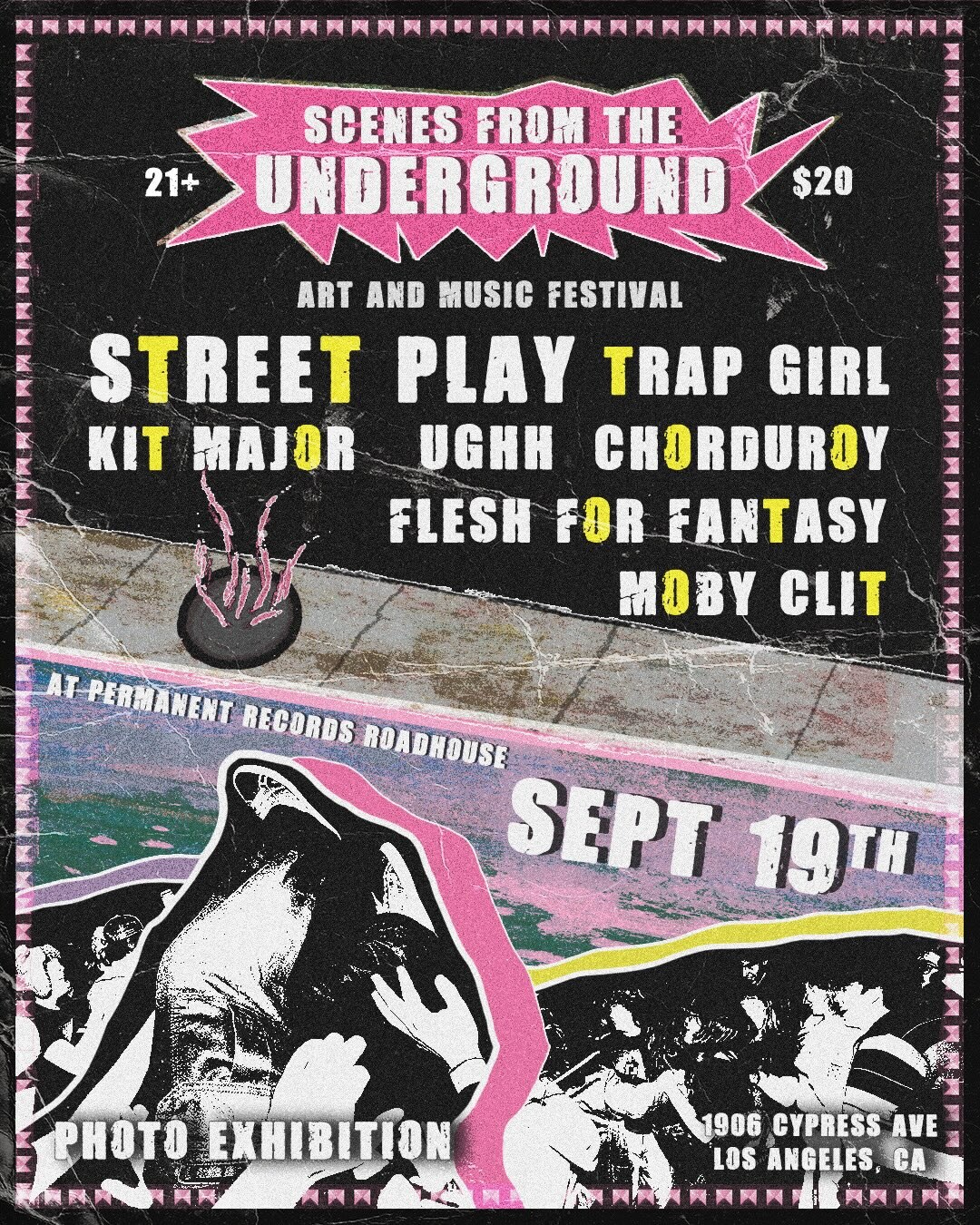 Scenes from the Underground Art and Music Festival flyer listing seven bands at Permanent Records Roadhouse