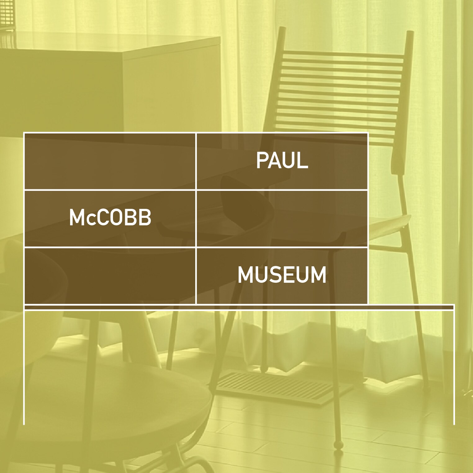 Yellow-green Paul McCobb Museum event graphic over a modernist chair.