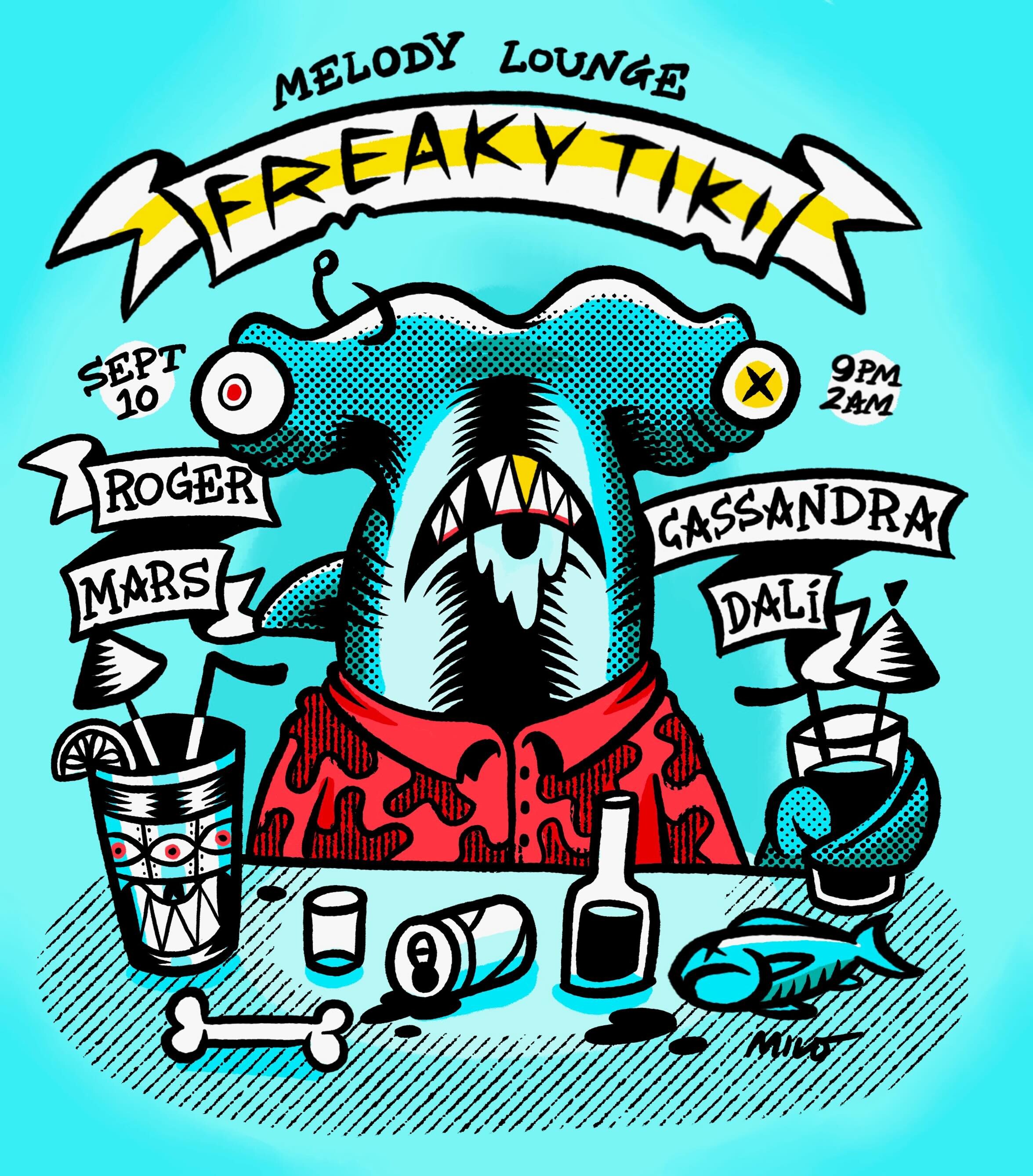 FREAKY TIKI illustrated flyer for September 10 at Melody Lounge