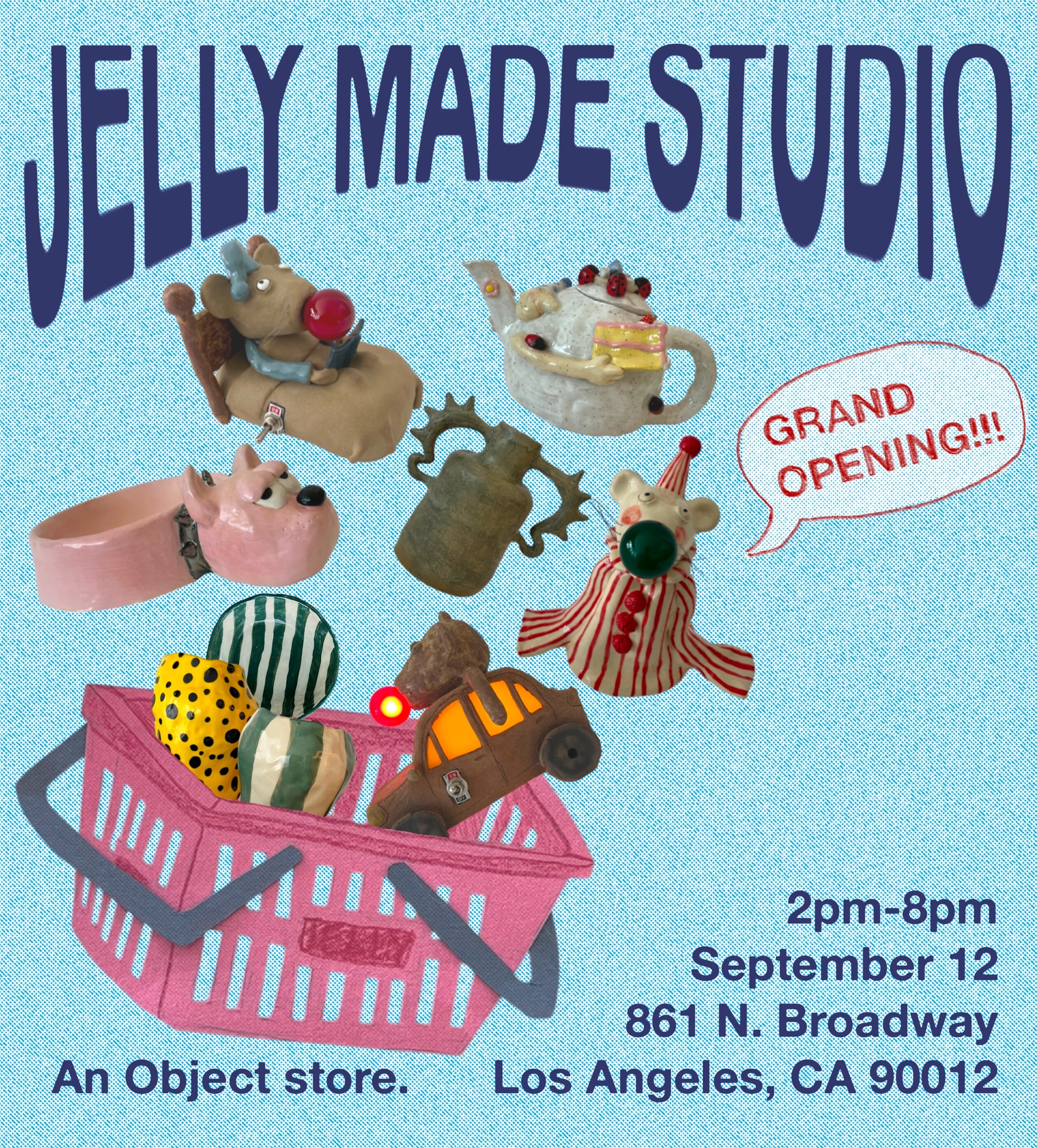 Jelly Made Studio grand opening flyer with ceramic objects and a shopping basket