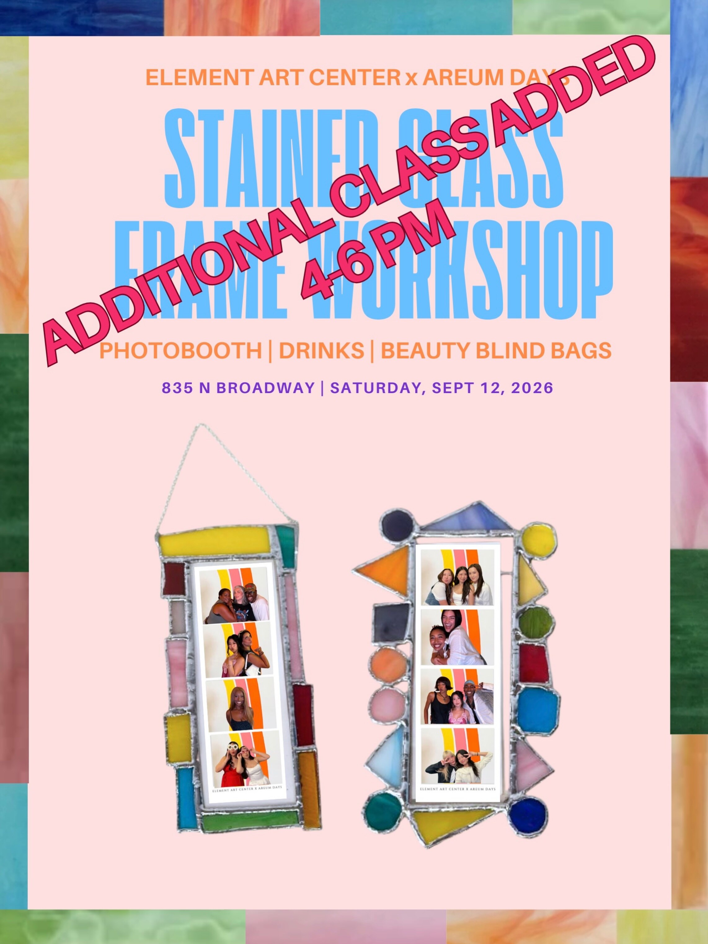 Pink stained glass photobooth workshop additional class flyer