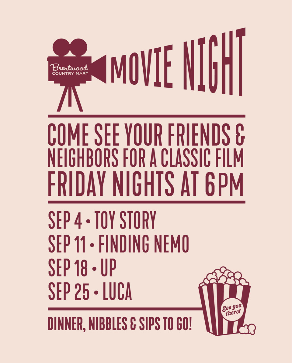 Brentwood Country Mart Movie Night flyer listing Toy Story on September 4