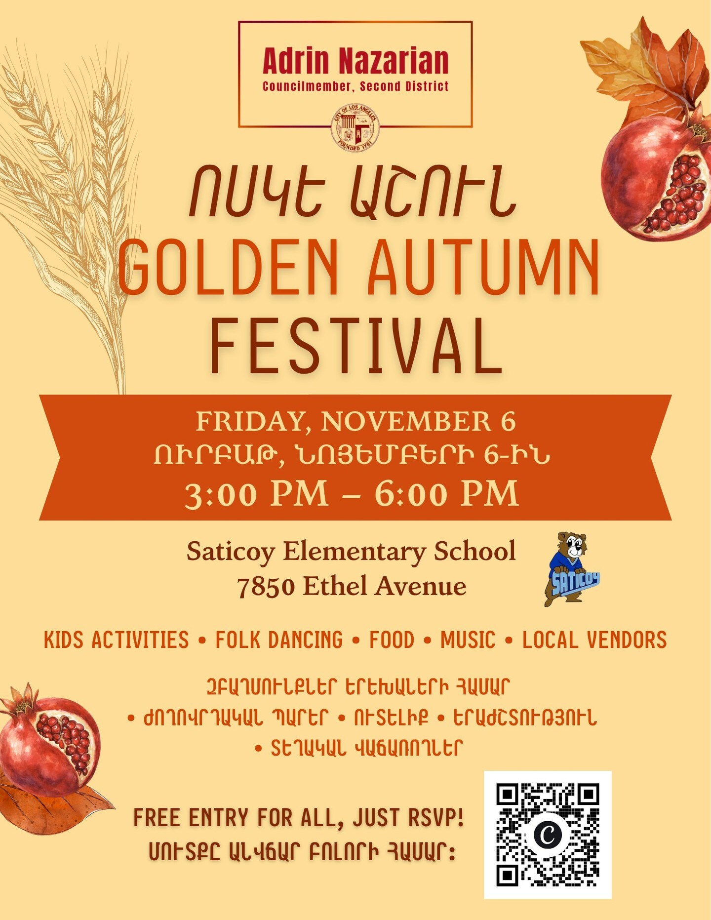 Golden Autumn Festival flyer from Councilmember Adrin Nazarian with November 6 schedule, Saticoy Elementary School address, activities and free RSVP.