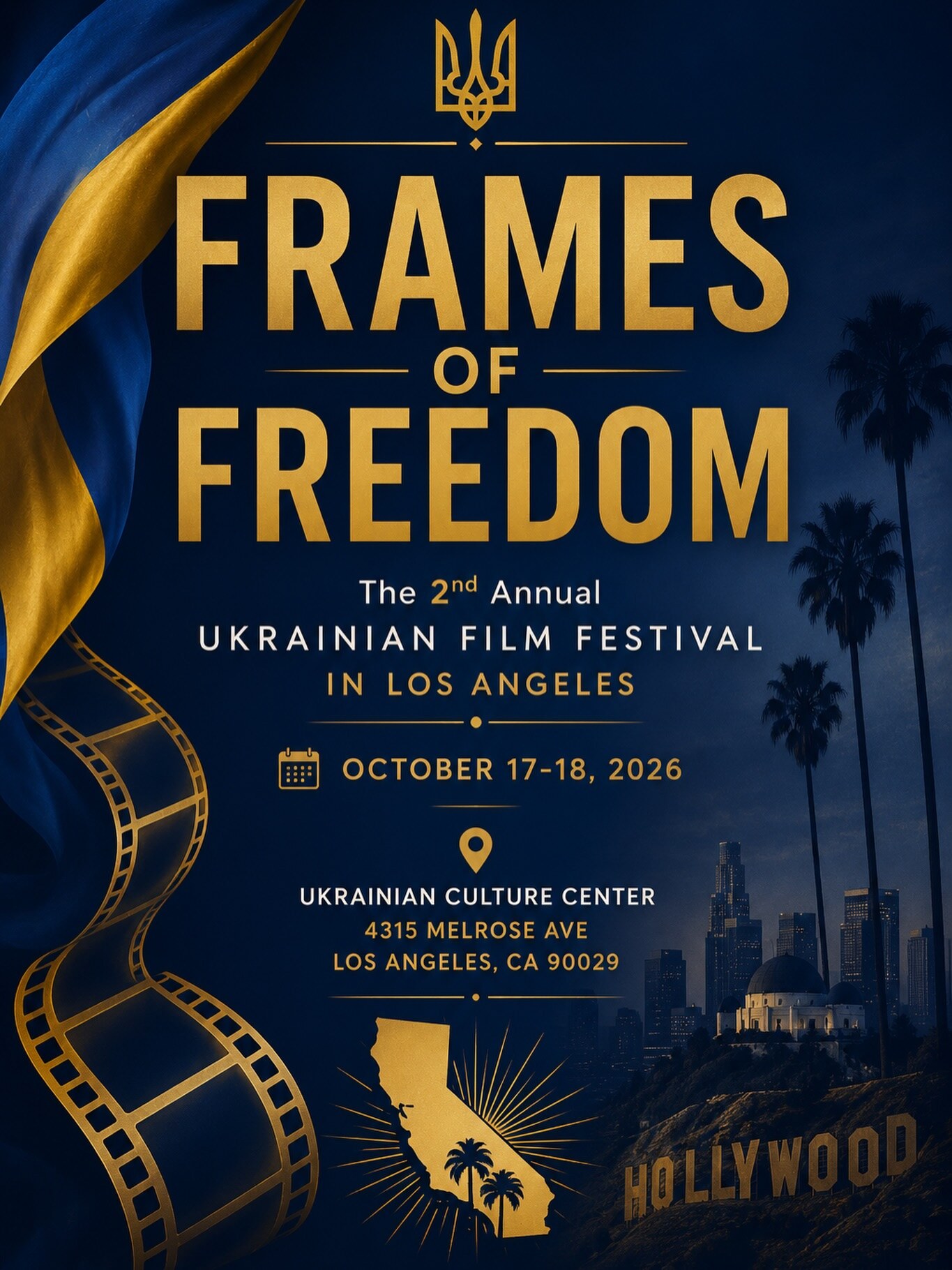 Blue and gold Frames of Freedom Ukrainian Film Festival flyer