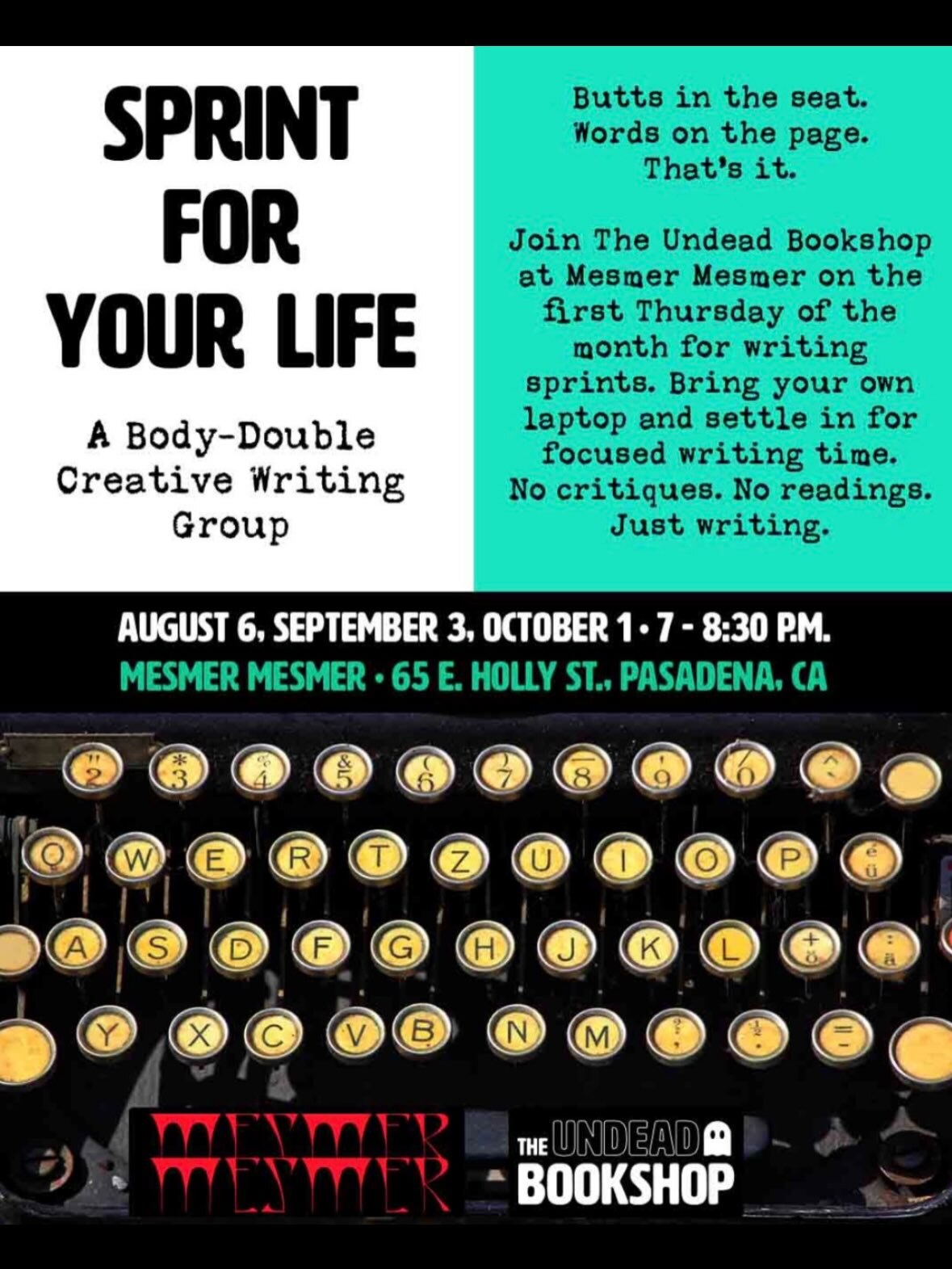 Turquoise and black Sprint for Your Life writing group flyer