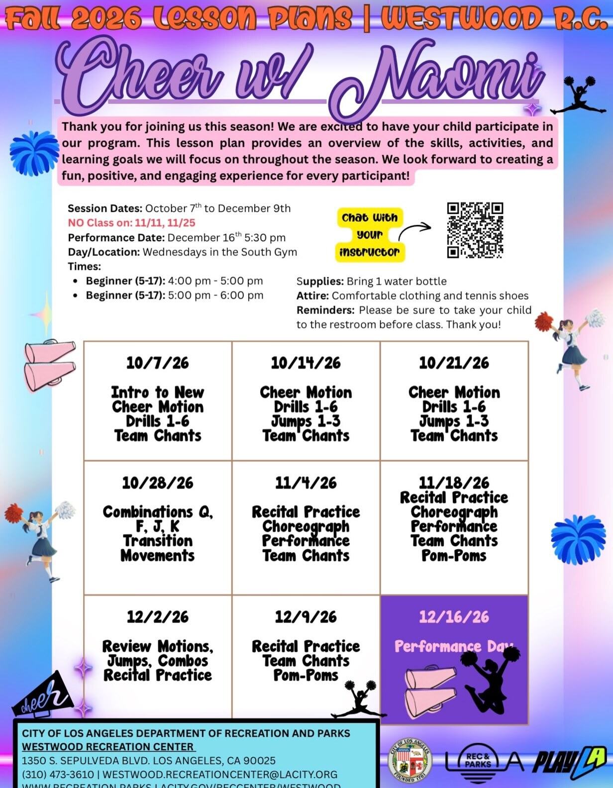 Westwood Recreation Center Fall 2026 Cheer lesson-plan flyer with Wednesday dates, two class blocks, and performance date.
