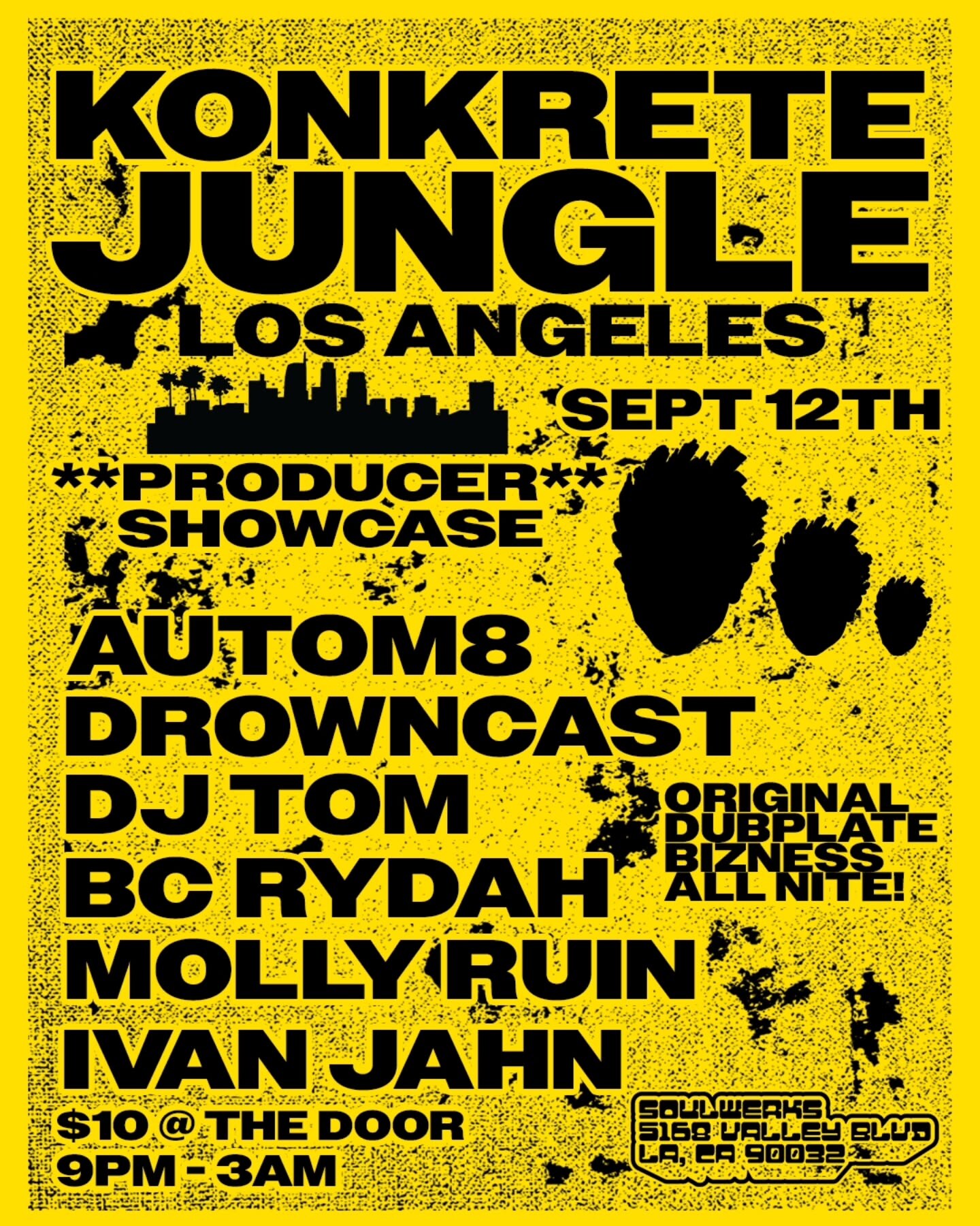Yellow and black Konkrete Jungle Los Angeles Producer Showcase flyer listing the September 12 lineup at Soulwerks.