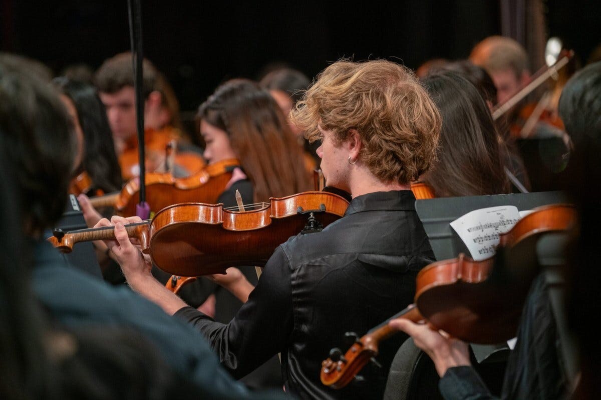 A group of violinists onstage