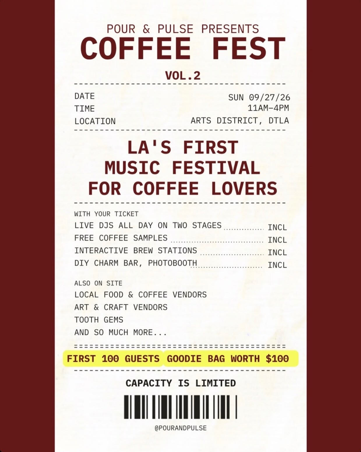 Coffee Fest Vol. 2 flyer with September 27 Arts District date and 11 AM to 4 PM hours.