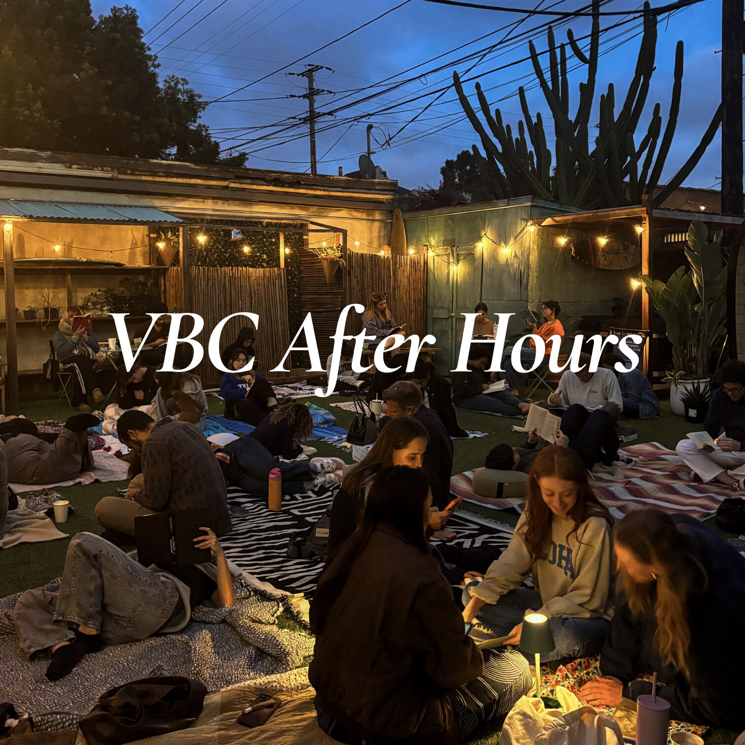 Brown illustrated VBC After Hours flyer for a reading and community night at Saba Coffee Shop.